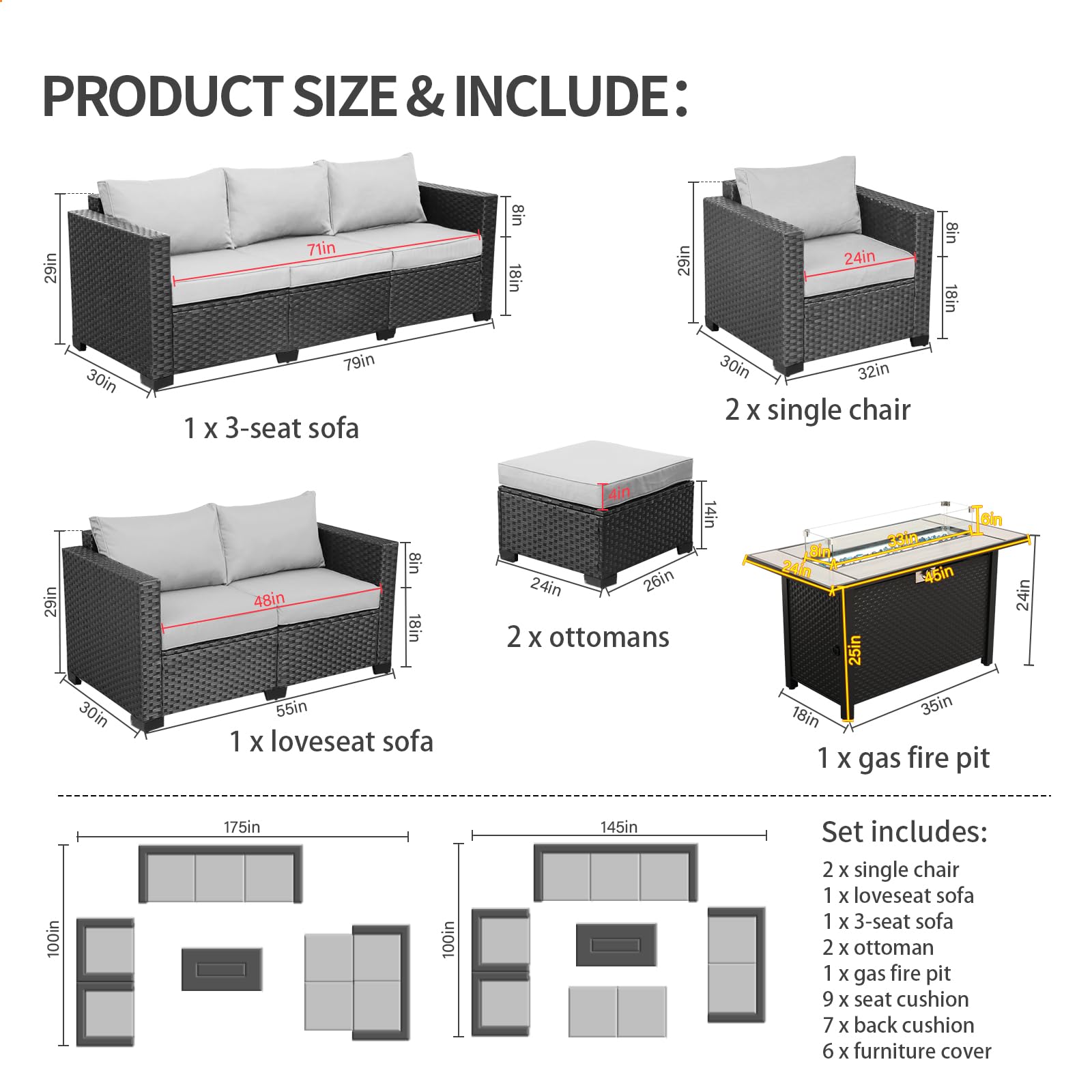 Rattaner 7-Piece Outdoor Patio Furniture Set with 45-Inch 60,000 BTU Propane Fire Pit Table, No-Slip Cushions & Waterproof Covers - Light Grey - Perfect for Backyard, Garden, Poolside & Outdoor Entertaining