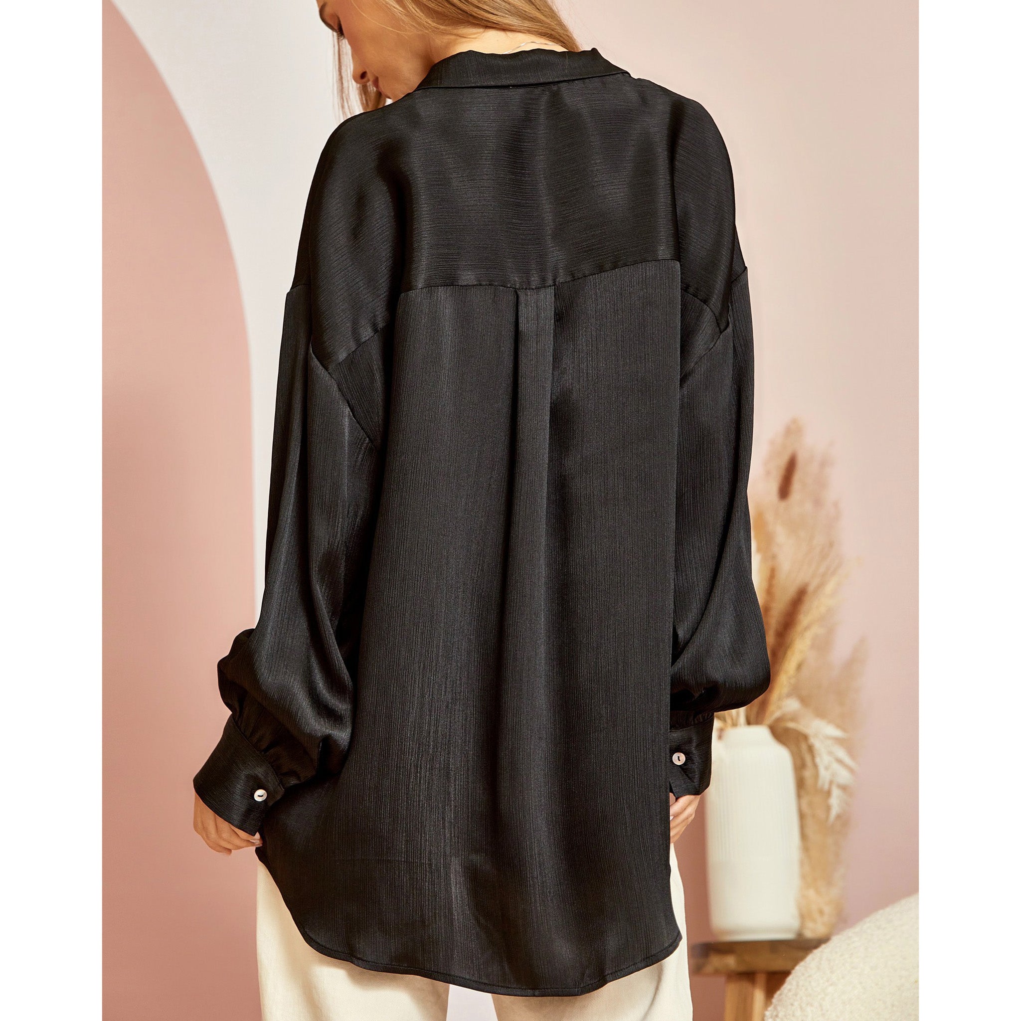 Andree Women's Black Shiny Blouse - Elegant Long Sleeve Button Up Shirt for Office, Party & Formal Events | Plus Size & Petite Options Available