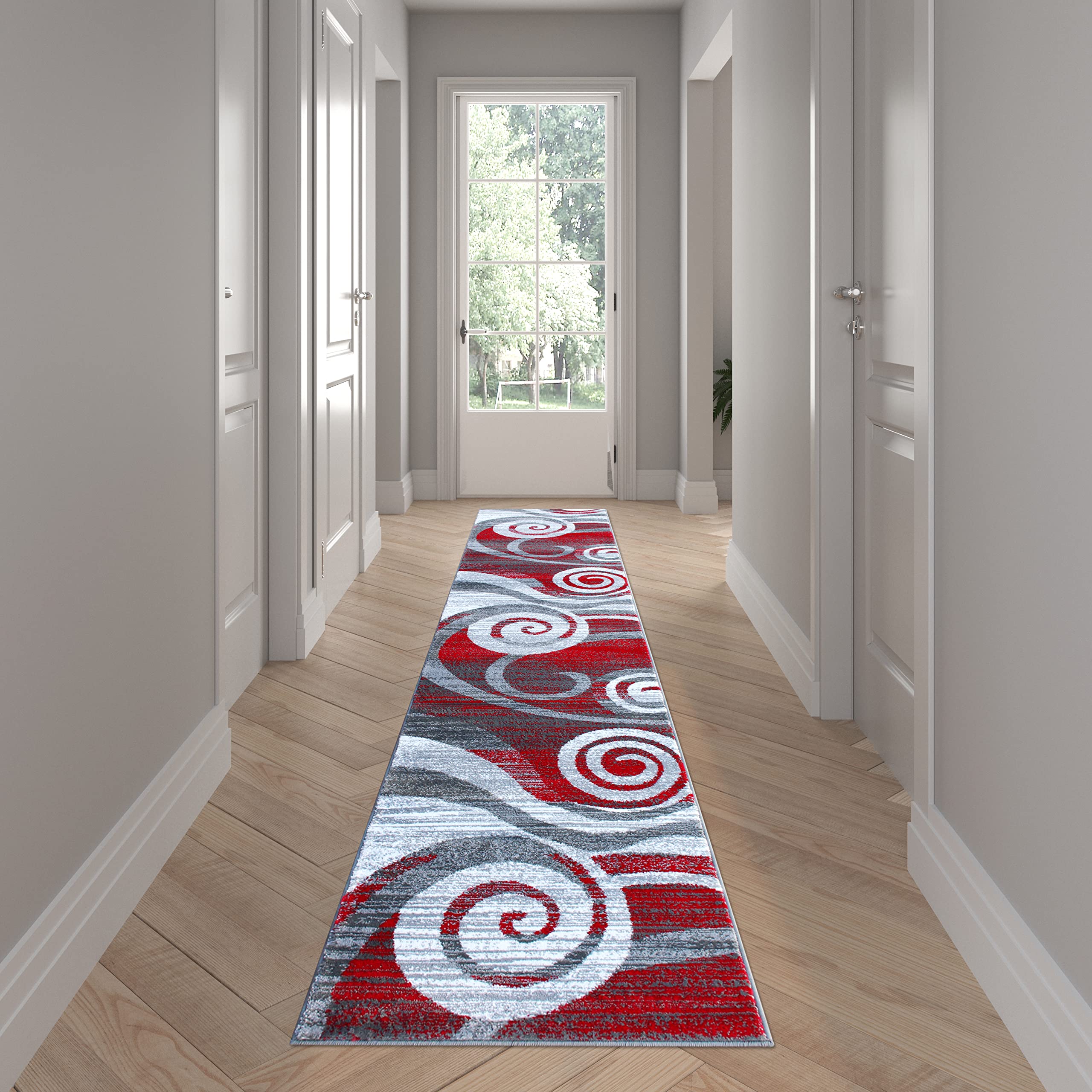 EMMA + OLIVER Plush Accent Rug - Scraped Swirls Design in Red, Gray, Black & White - 2x11 Feet Ultra Soft Area Rug - Easy Care & Stain Resistant with Jute Backing - Perfect for Living Room, Bedroom or Nursery Decor