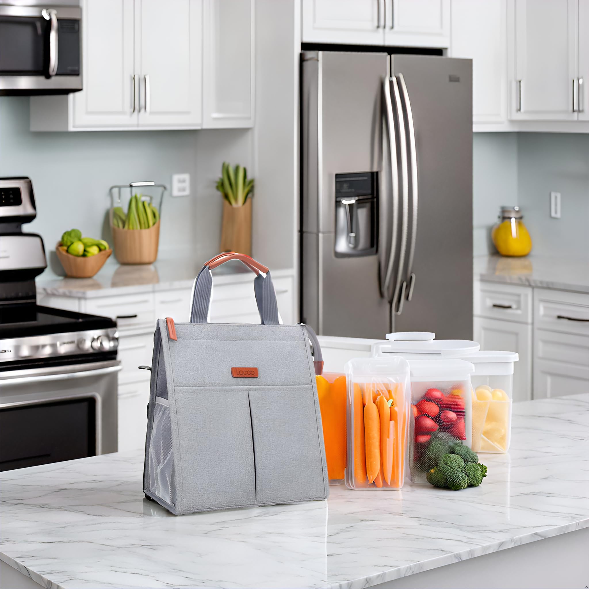 Lacdo Insulated Lunch Bag for Women & Men - Waterproof Reusable Lunch Tote with Pockets - Soft Cooler for Work, Office, Travel, Picnic & Outdoor Activities - Gray