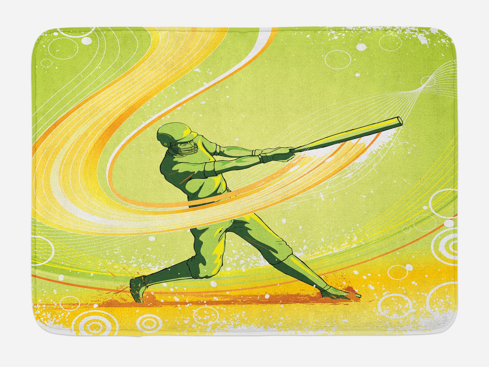 Ambesonne Non-Slip Baseball Bath Mat - 30.2 x 20 Inch Plush Bathroom Rug with Player Hitting Ball Design in Green & Yellow | Perfect for Sports Fans, Kids' Bathrooms & Game Room Decor