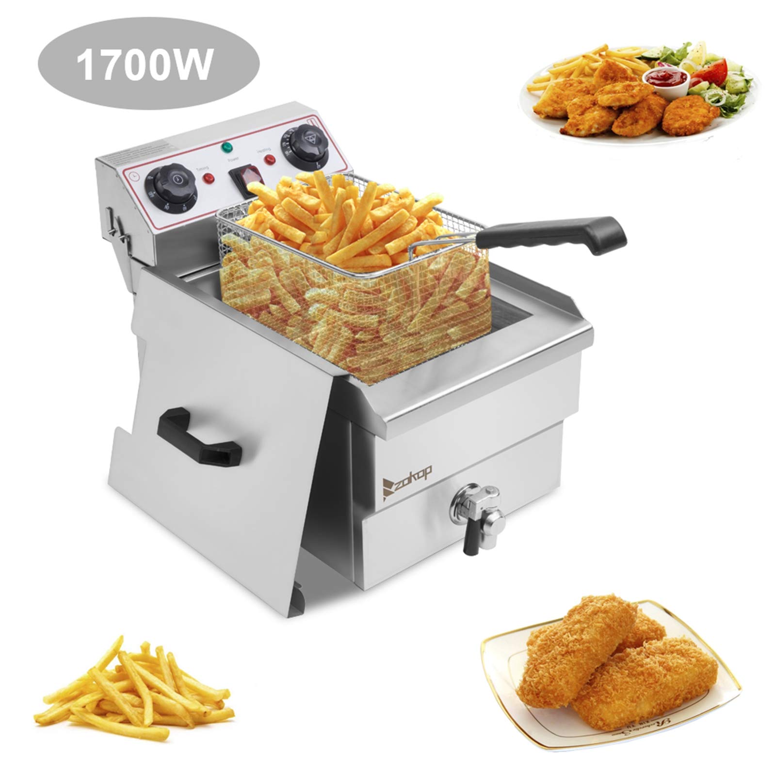 1700W Commercial Stainless Steel Deep Fryer with 8.5QT/8L Capacity - Electric Air Fryer with Basket & Faucet for Home & Restaurant Use - Perfect for Frying Chicken, French Fries, and Donuts