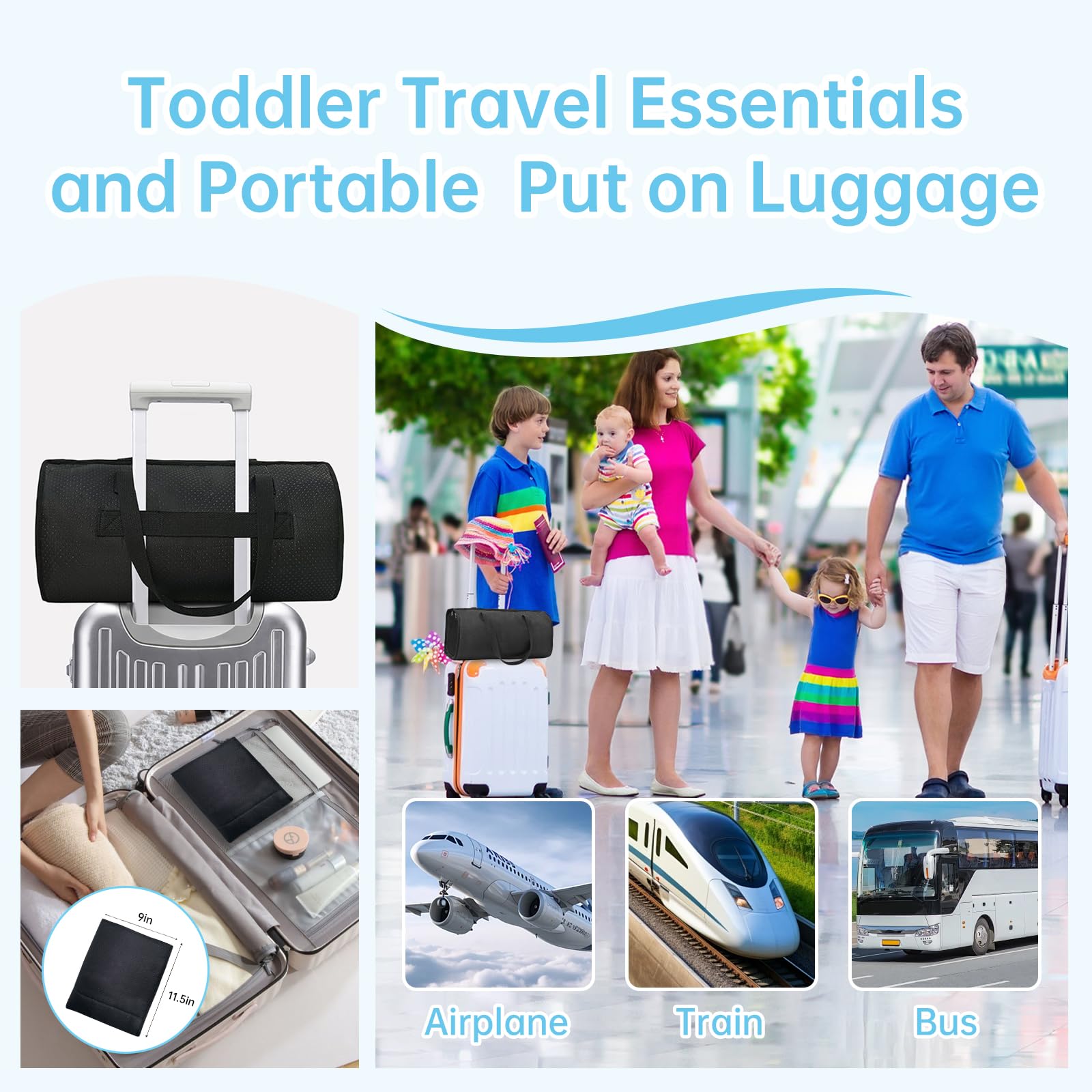 2-in-1 Toddler Airplane Bed & Travel Bag - Portable Kids Plane Seat Extender & Carry-On Duffel - Baby Flight Essentials Footrest for Infants - Perfect for Air Travel, Gym & Hospital Weekender (Black)