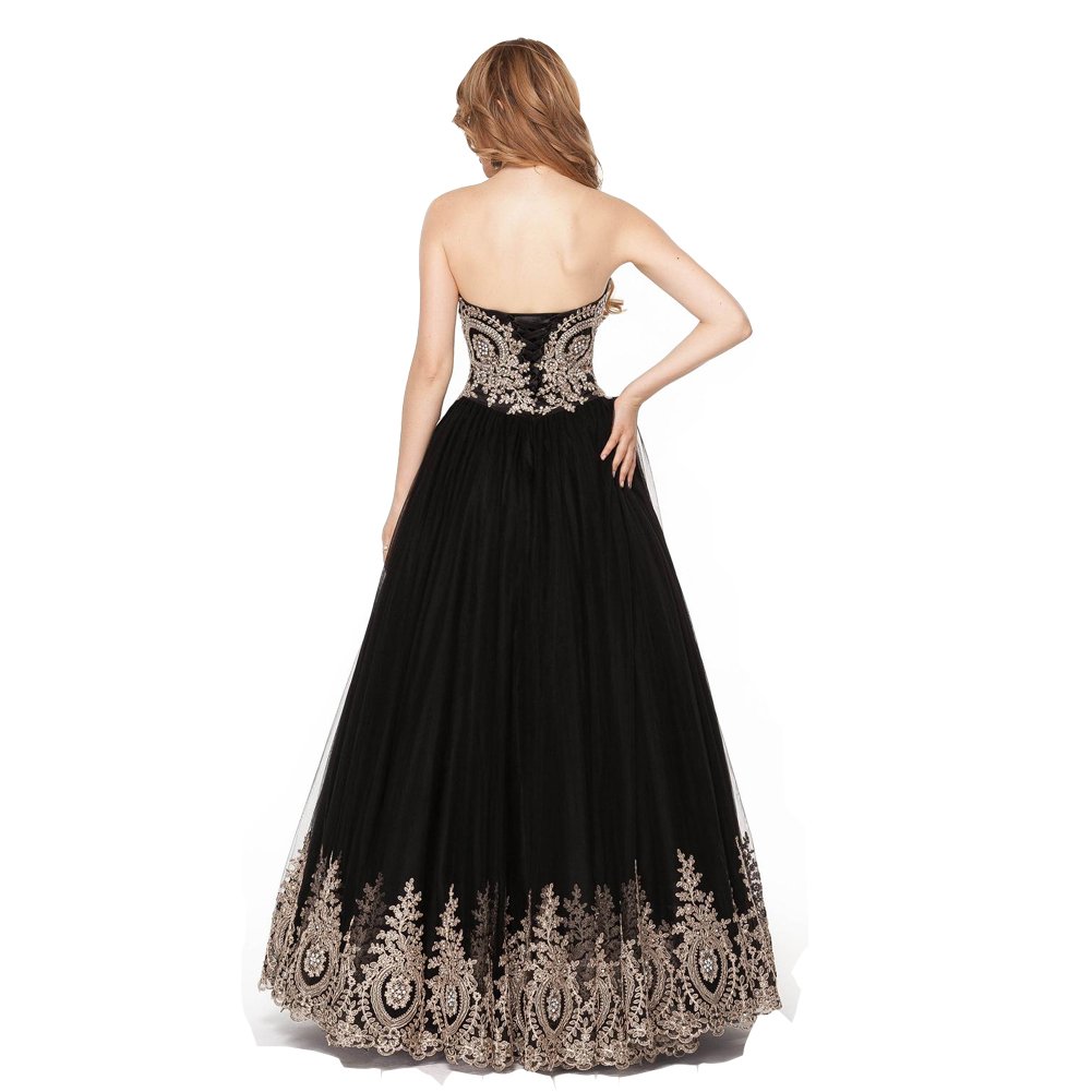 Elegant Black Tulle Gold Lace Crystal Corset Prom Evening Dress - Long Formal Gown for Homecoming, Wedding, Ball, and Special Occasions