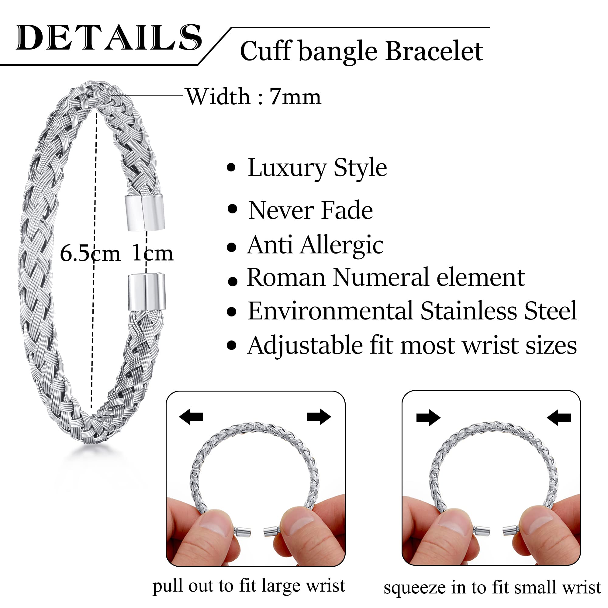 WFYOU 3PCS Stainless Steel Bracelets for Men - Gold Roman Numeral & Adjustable Cuff Bracelets - Luxury Mens Jewelry Gifts for Birthday, Anniversary, Wedding & Everyday Wear