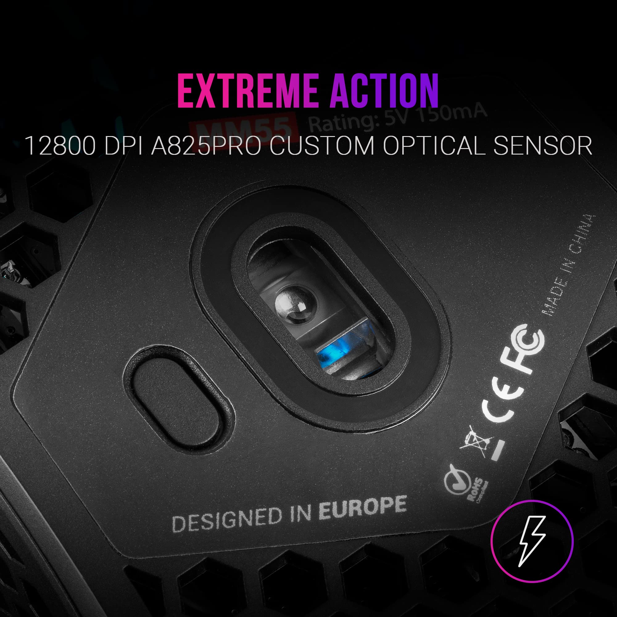 Mars Gaming MM55 Black RGB Chroma Gaming Mouse - Ultra Lightweight 55g, 12800 DPI, Huano Mechanical Switches - Perfect for FPS, MOBA & Esports Gaming