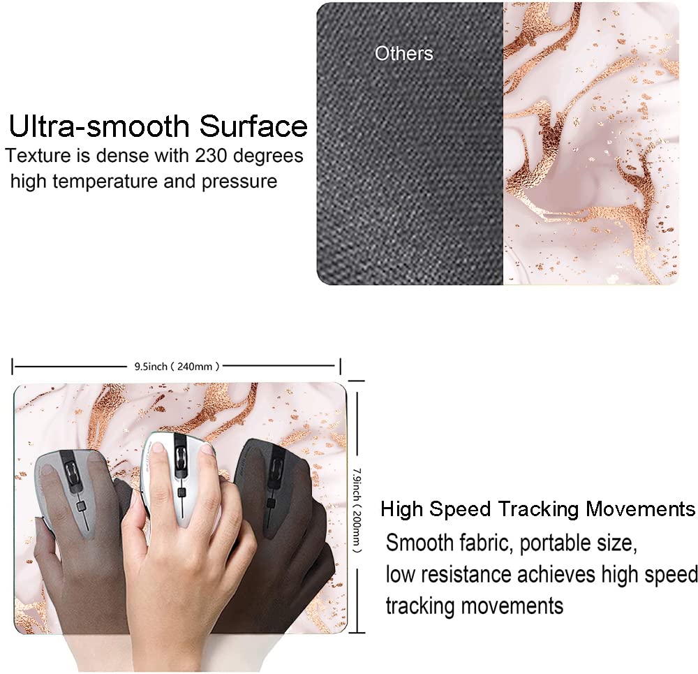 Pink Rose Gold Marble Mouse Pad for Women - Washable Non-Slip Rubber Base Square Cloth Mousepad for Office Laptop & Wireless Mouse - Cute Desk Accessory for Work, Gaming & Home Office Setup