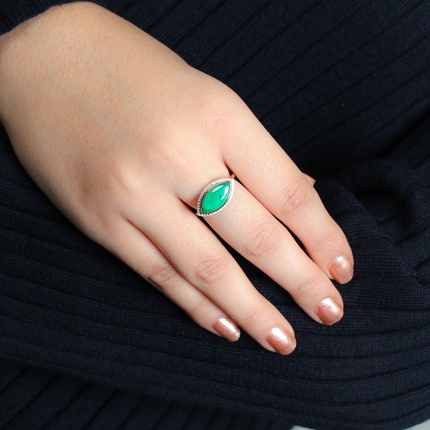 18K Yellow Gold Marquise Cut Malachite Pave Diamond Designer Ring for Women | Elegant Statement Jewelry for Weddings, Anniversaries & Special Occasions