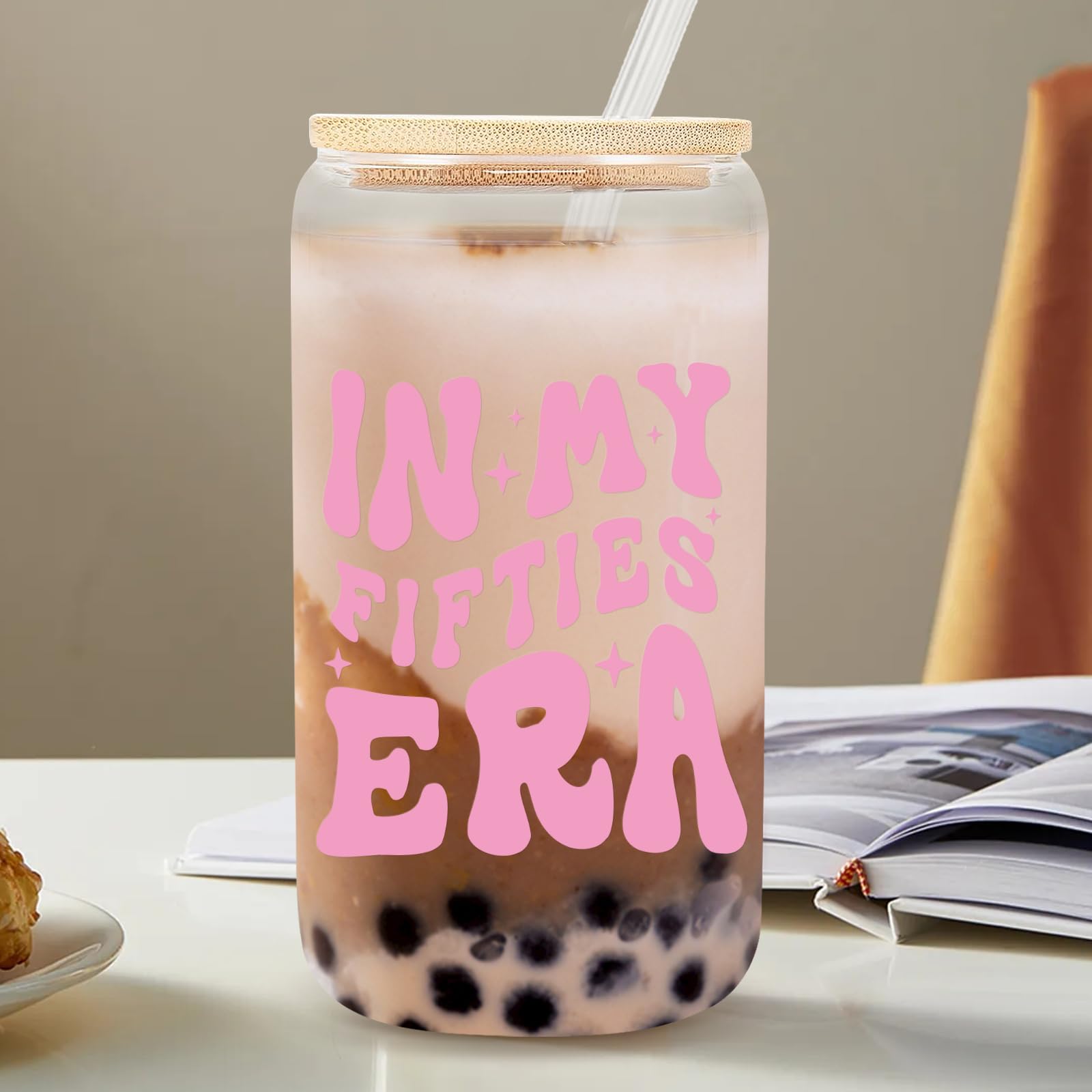 50th Birthday Gifts for Women - 16oz In My FIFTIES Era Glass Coffee Cup - Unique Birthday Gift Idea for Mom, Friends & Coworkers - Perfect for Coffee, Tea & Office Use (50th Cup)