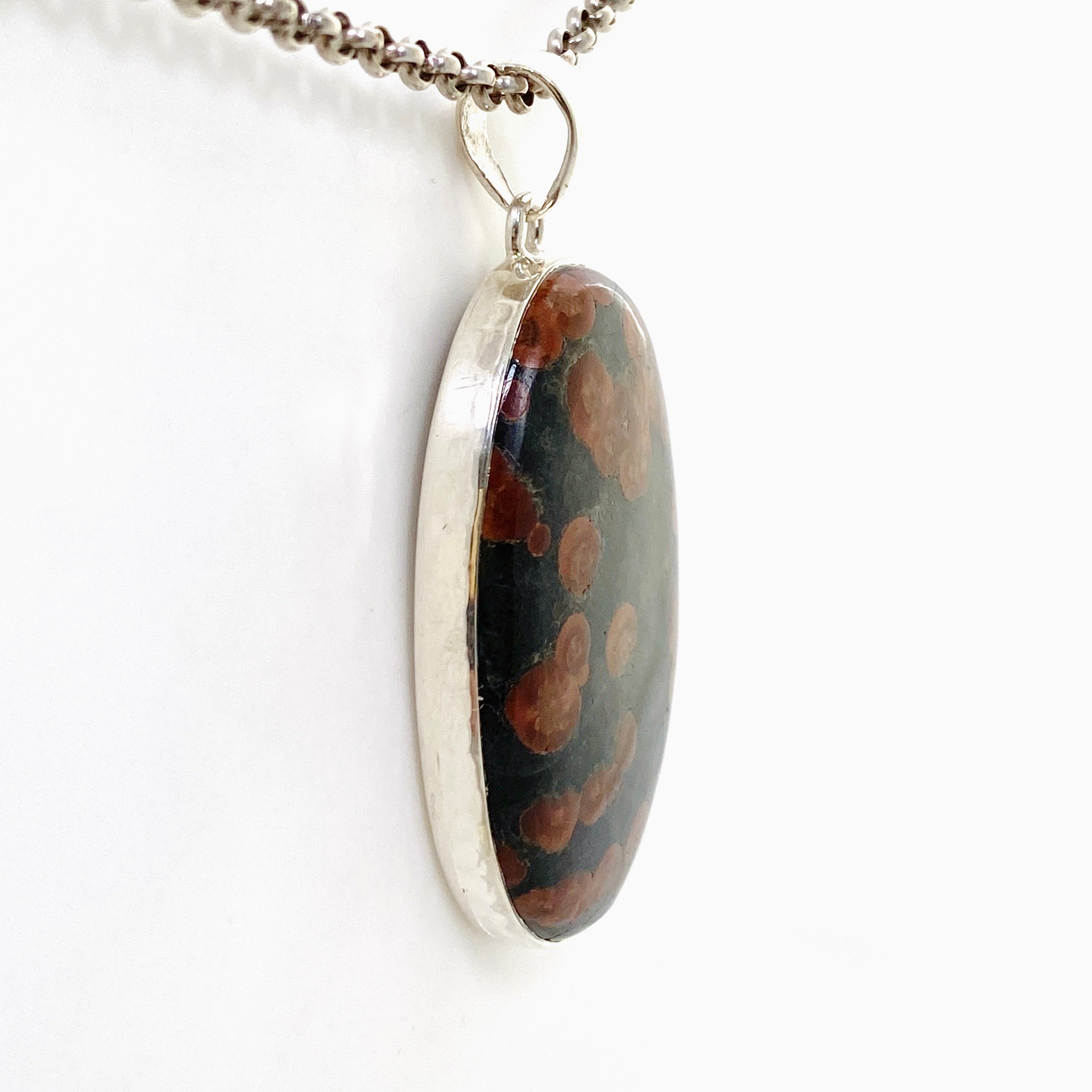 Natural Peanut Obsidian Perlite Oval Cabochon Pendant with Hammered Silver Setting KPGJ4769 - Elegant Handmade Jewelry for Women, Perfect for Gifts & Spiritual Healing