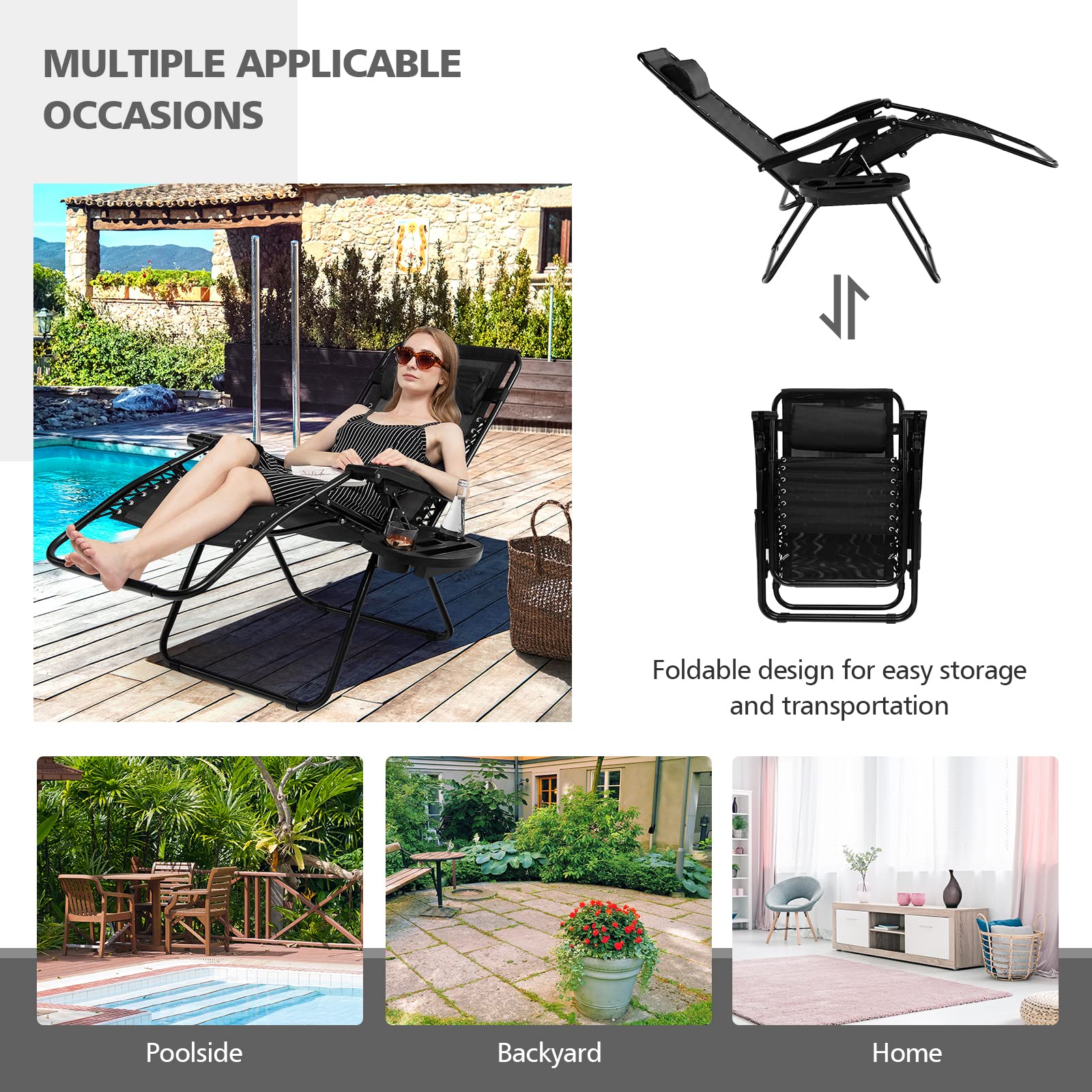 2-Pack HAPPYGRILL Zero Gravity Lounge Chairs - Adjustable Outdoor Recliners with Cup Holders for Patio, Backyard, Beach & Poolside Relaxation | Portable Folding Design for Camping, Picnics & Sunbathing