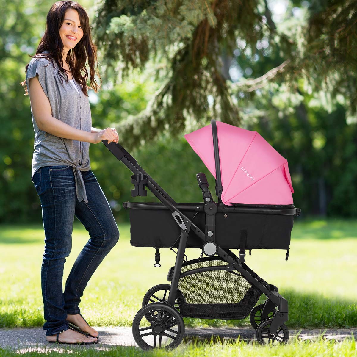 **HONEY JOY Baby Stroller - Convertible Infant Bassinet Stroller with Adjustable Canopy & Backrest, Large Storage Basket & Cup Holder, Foldable Newborn Carriage Pram (Pink) | Perfect for Walks, Travel & Shopping**