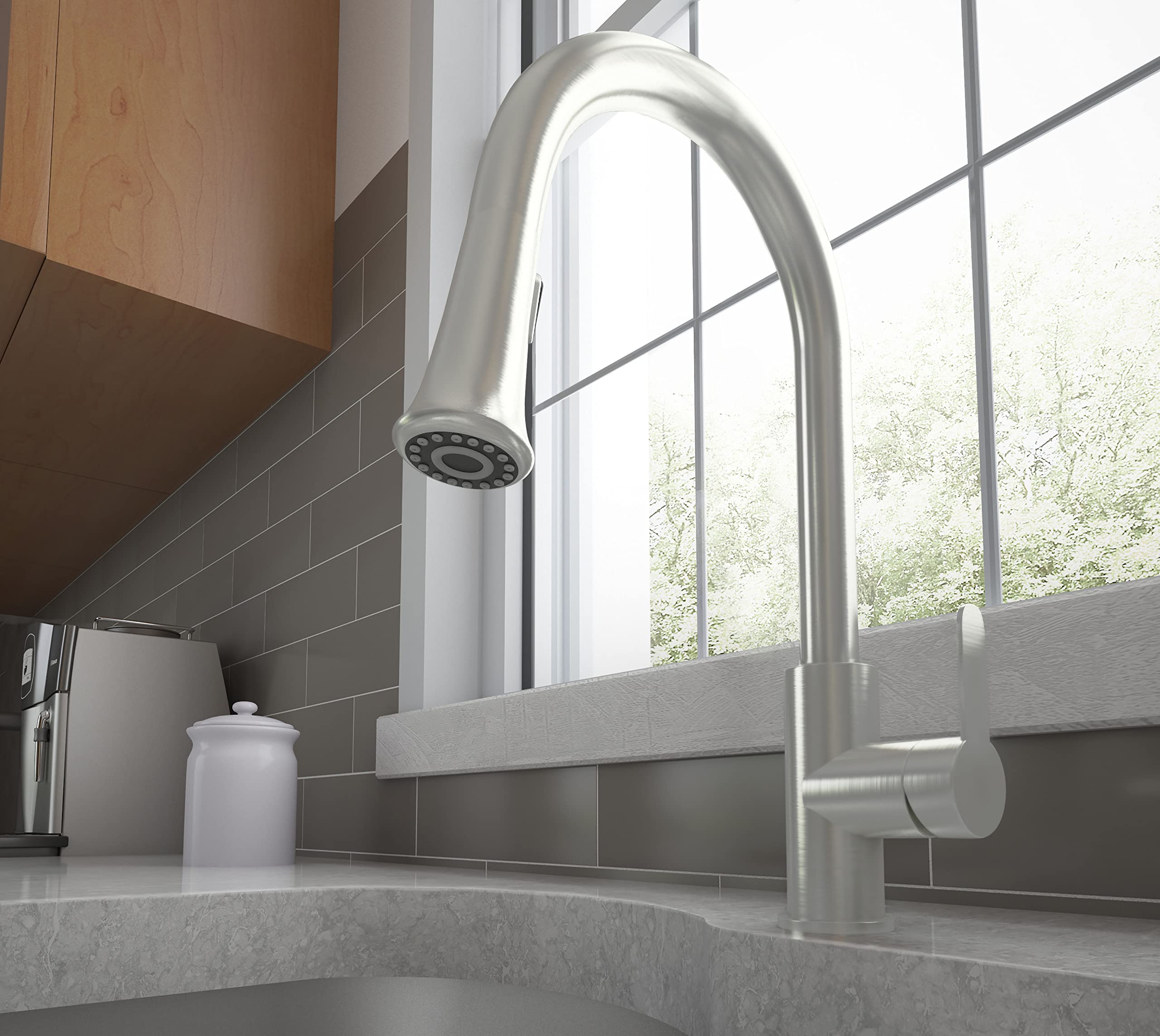 Ancona AN-4376 Rivella Pull-Down Single Handle Dual Spray Kitchen Faucet in Brushed Nickel - Perfect for Modern Kitchens & Easy Dishwashing