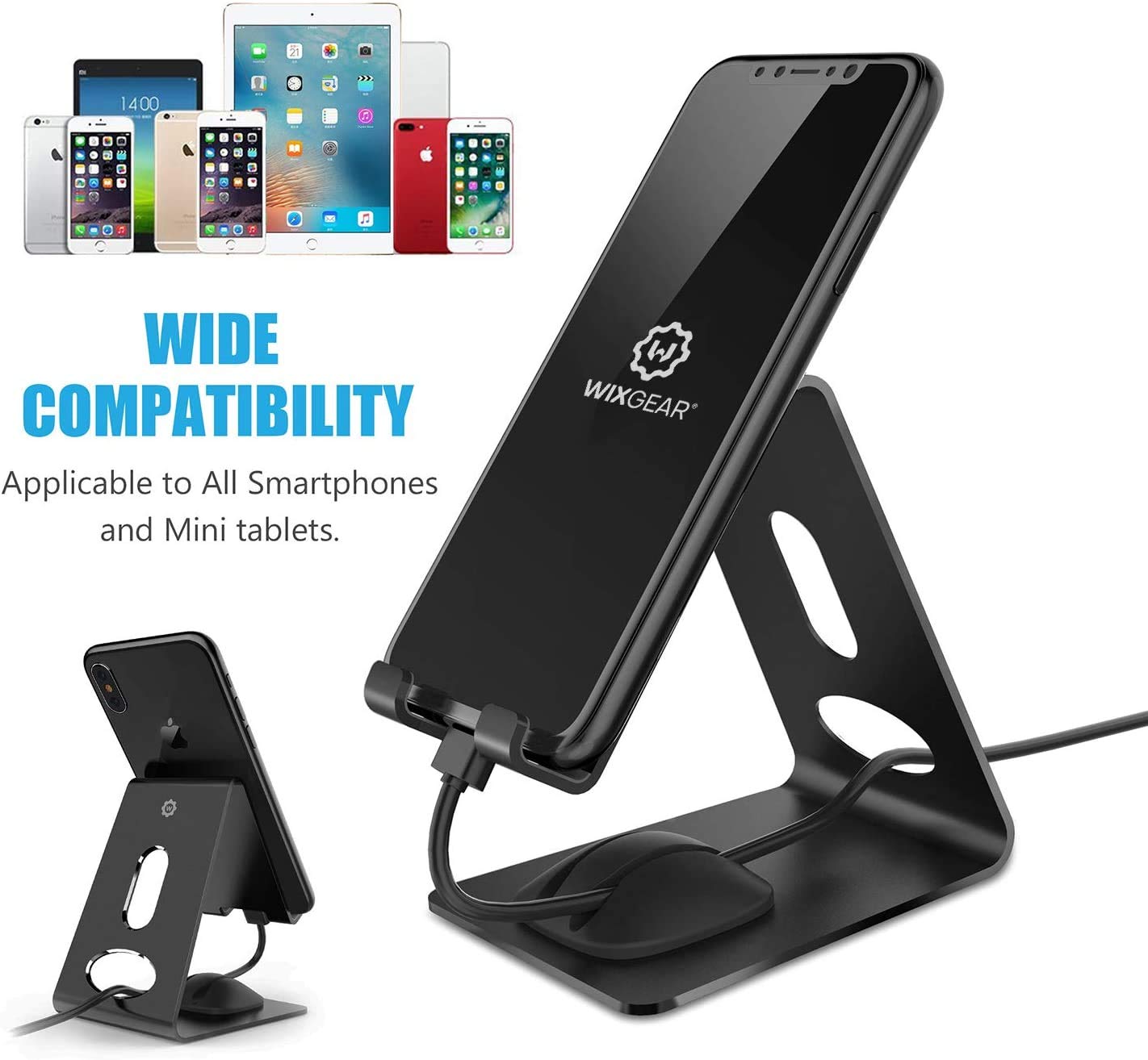 Premium WixGear Phone Stand - Universal Metal Phone Holder for iPhone, Android & Mini Tablets - Sturdy Desk Stand with Cord Management - Perfect for Work, Home Office & Video Calls