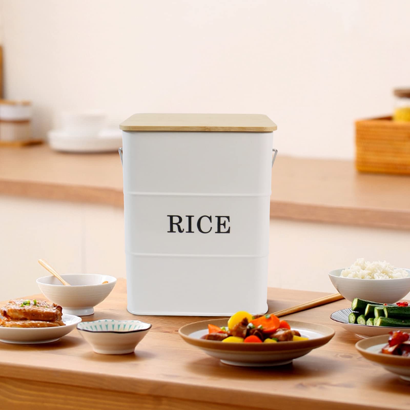 Airtight Metal Rice Storage Bin with Bamboo Lid & Scoop - Food Storage Container for Rice, Flour, Soybean, Grain & Cereal - Perfect for Kitchen Pantry Organization & Bulk Food Storage (White)