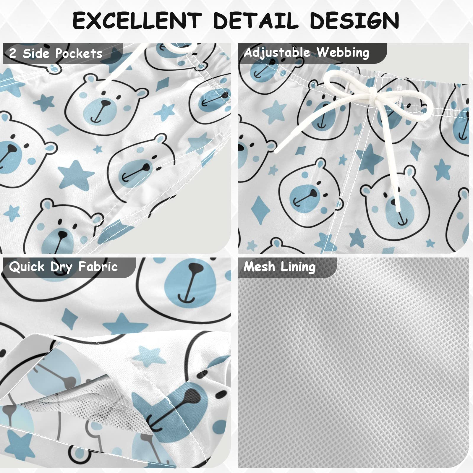Visesunny White Bear Blue Star Cartoon Swim Trunks for Boys - Toddler & Kids Bathing Suits | Beach, Pool & Summer Water Play