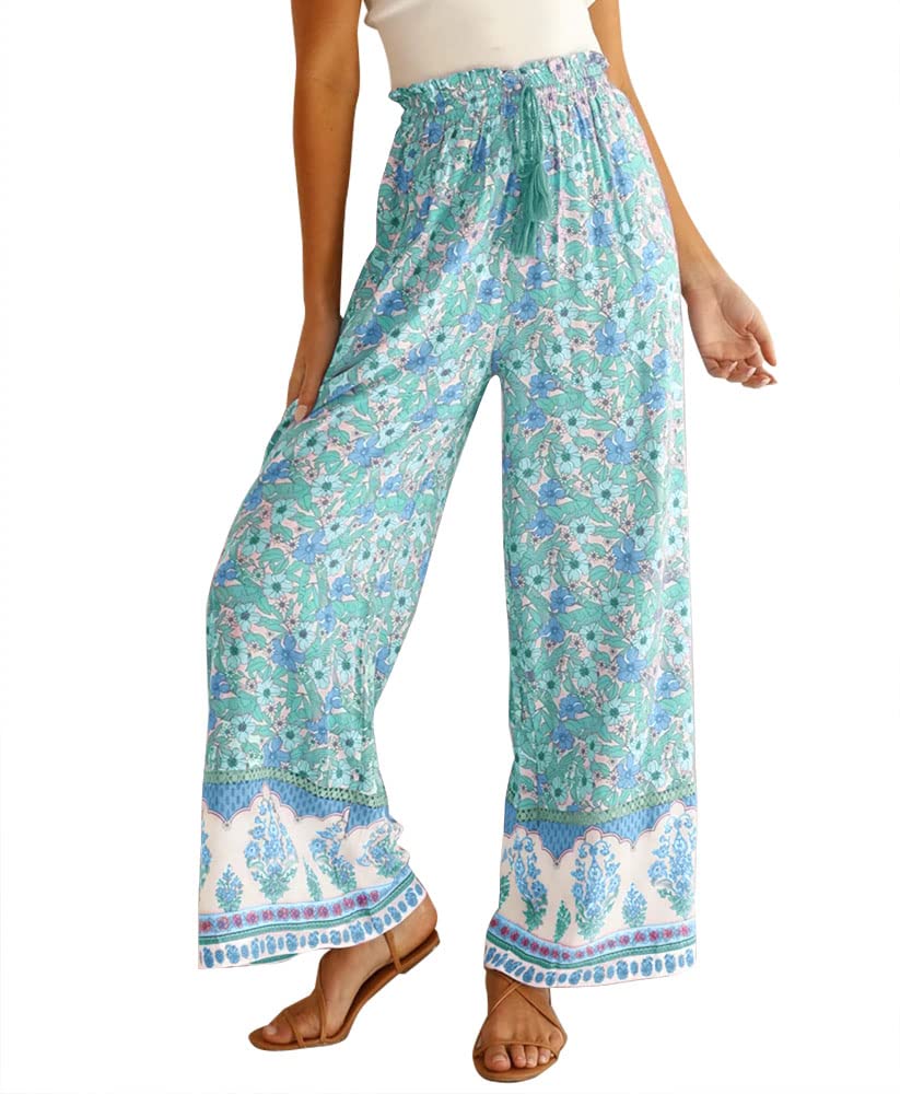 Klousilover Women's Boho Floral Print Palazzo Pants - High Waisted Wide Leg Trousers with Pockets for Casual, Beach & Summer Outfits