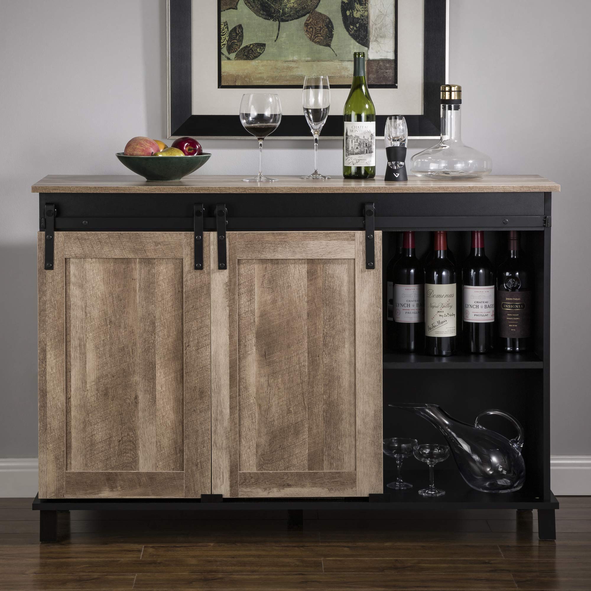 Glitzhome 3-Section Wooden Wine Bar Cabinet with Storage & Barn Doors - Corner Liquor Cabinet for Dining Room, Kitchen | Home Bar Display & Alcohol Storage Solution for Entertaining