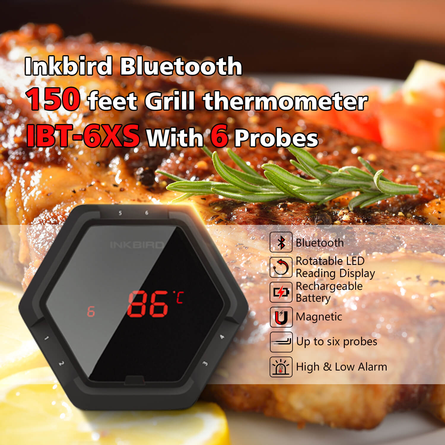 Wireless Bluetooth BBQ Thermometer IBT-6XS - Smart Meat Temperature Probe for Grilling, Smoking & Cooking