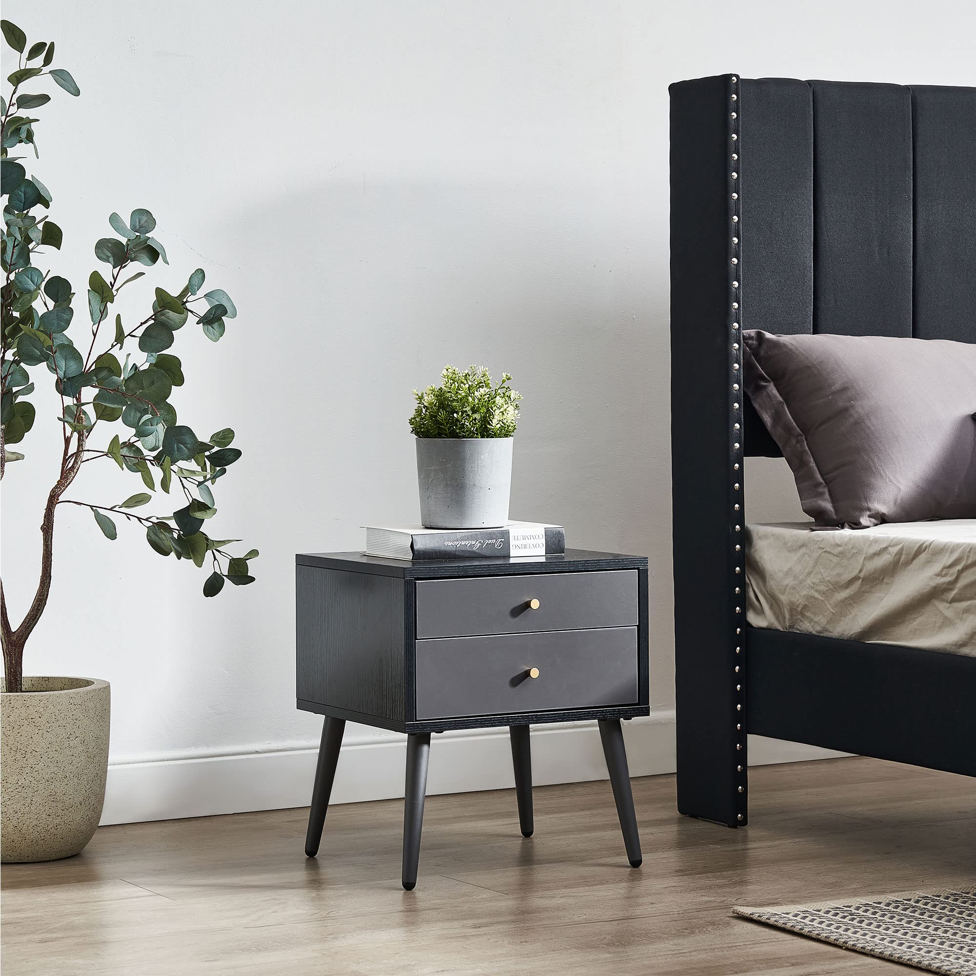 Modern Nightstand with 2 Drawers - Storage End Table & Bedside Cabinet for Bedroom, Living Room, Lounge - Dark Grey Side Table for Small Spaces & Apartment Essentials