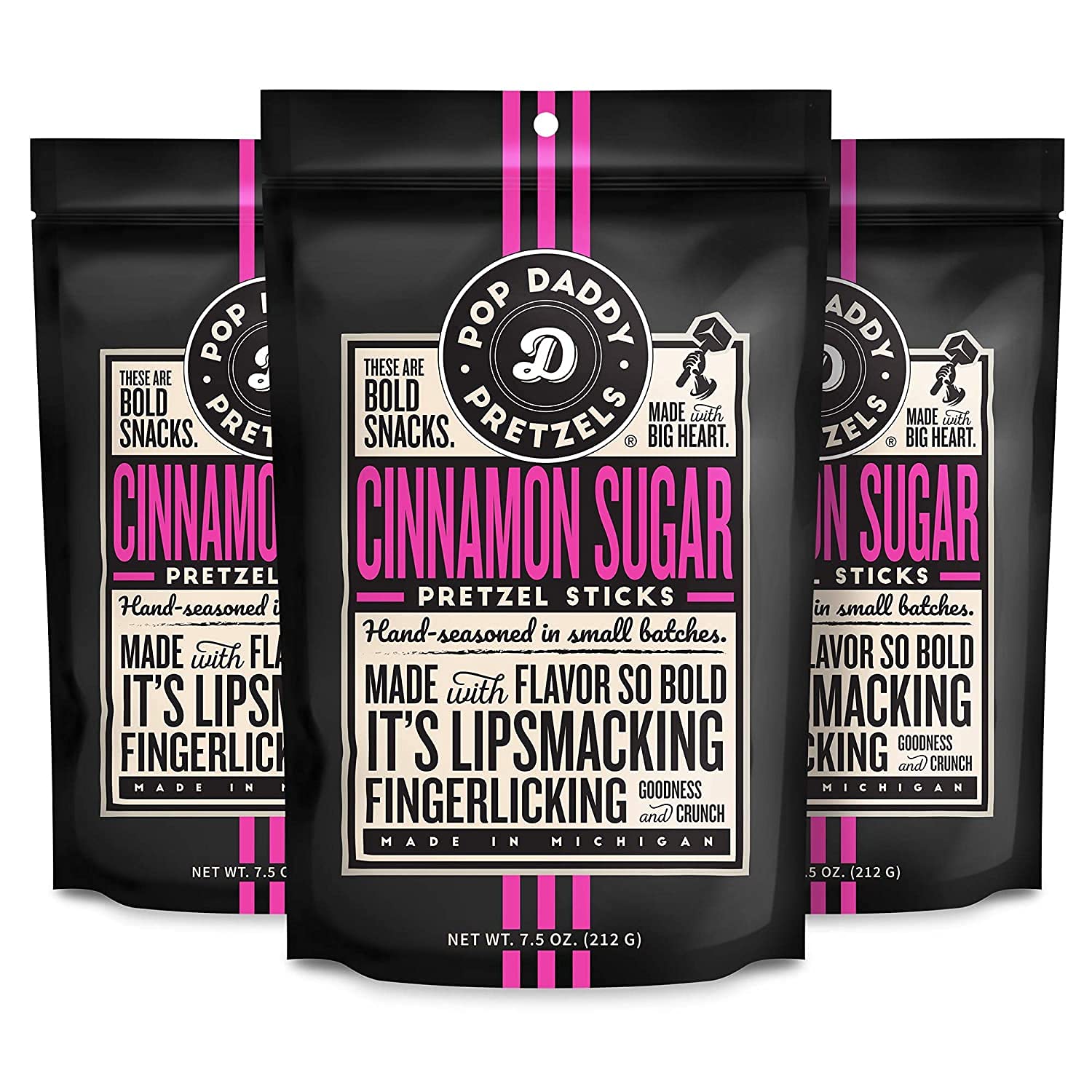 Pop Daddy Cinnamon Sugar Flavored Pretzel Sticks – Healthy Gourmet Snacks, 7.5oz Individual Bags (3 Pack) | Perfect for Office Snacks, Movie Nights & Road Trips