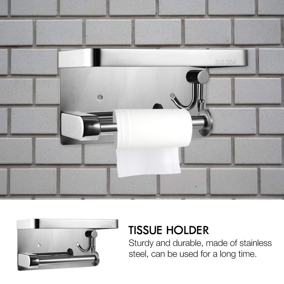Stainless Steel Wall-Mounted Paper Towel Holder & Bathroom Organizer - Multi-Purpose Tissue Dispenser, Phone Shelf & Keychain Rack for Kitchen, Bathroom & Office Organization