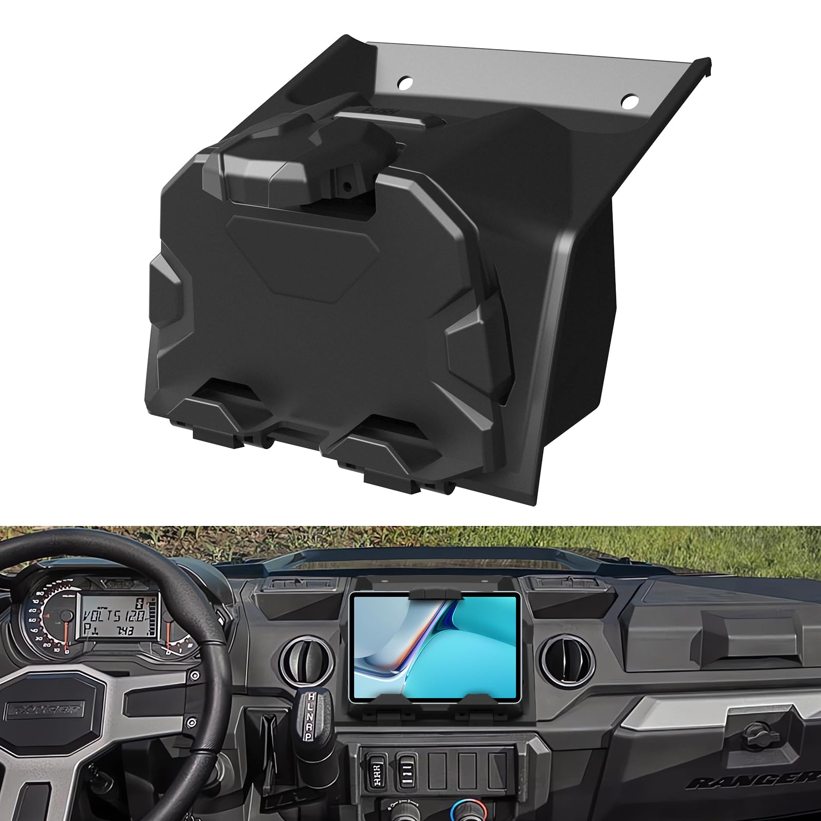 **LitMiRaCle Universal Tablet Phone Holder with Storage Box Organizer Tray – Compatible with 2018-2023 Polaris Ranger XP 1000, GPS Mount, Car & Truck Accessories – Perfect for Off-Roading, Camping, and Work Sites**