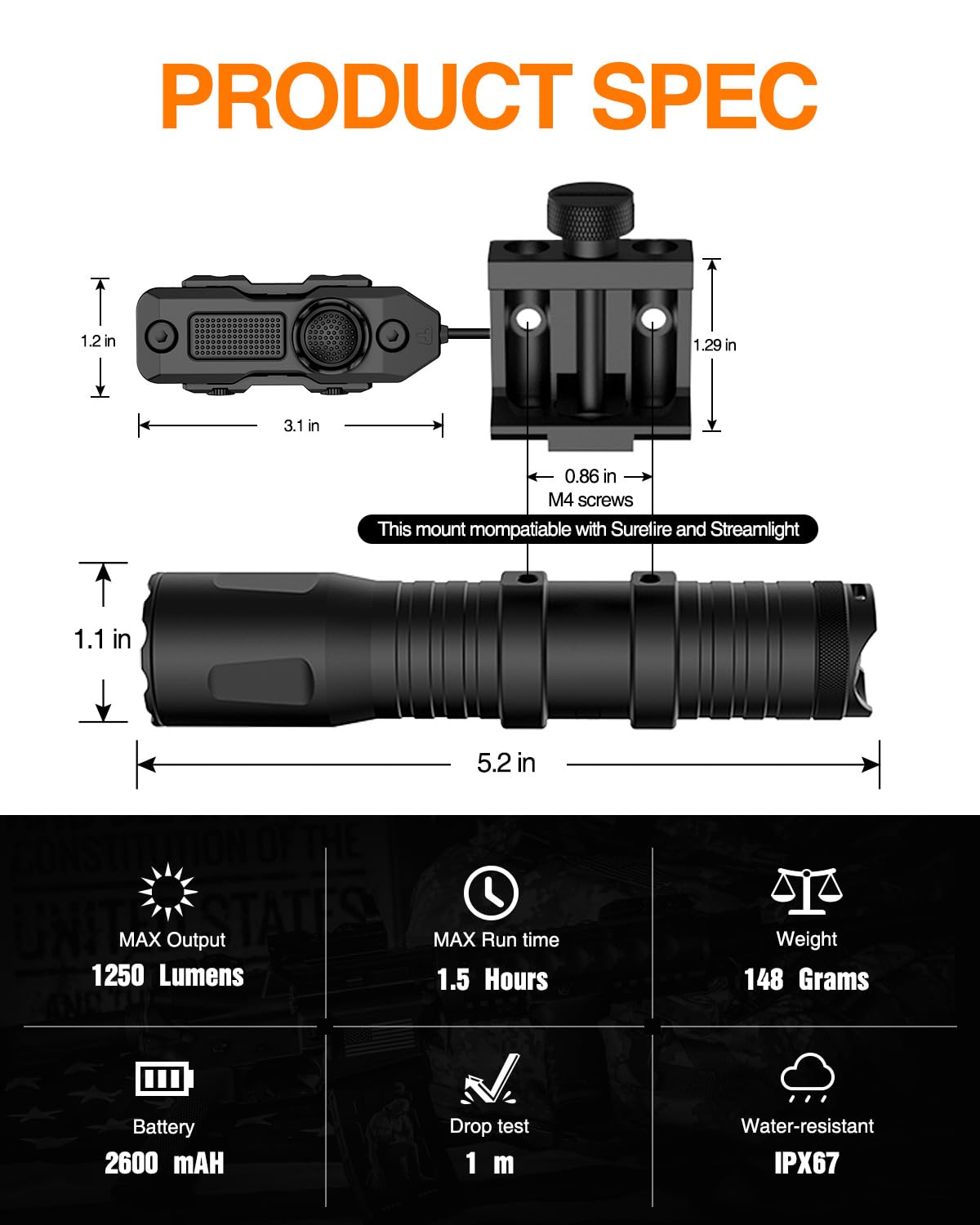 TOUGHSOUL 1250 Lumens Tactical Flashlight with Picatinny & M-LOK Mount - Rechargeable LED Flashlight with Remote Pressure Switch, Battery & Charger Included - Perfect for Hunting, Camping & Home Defense