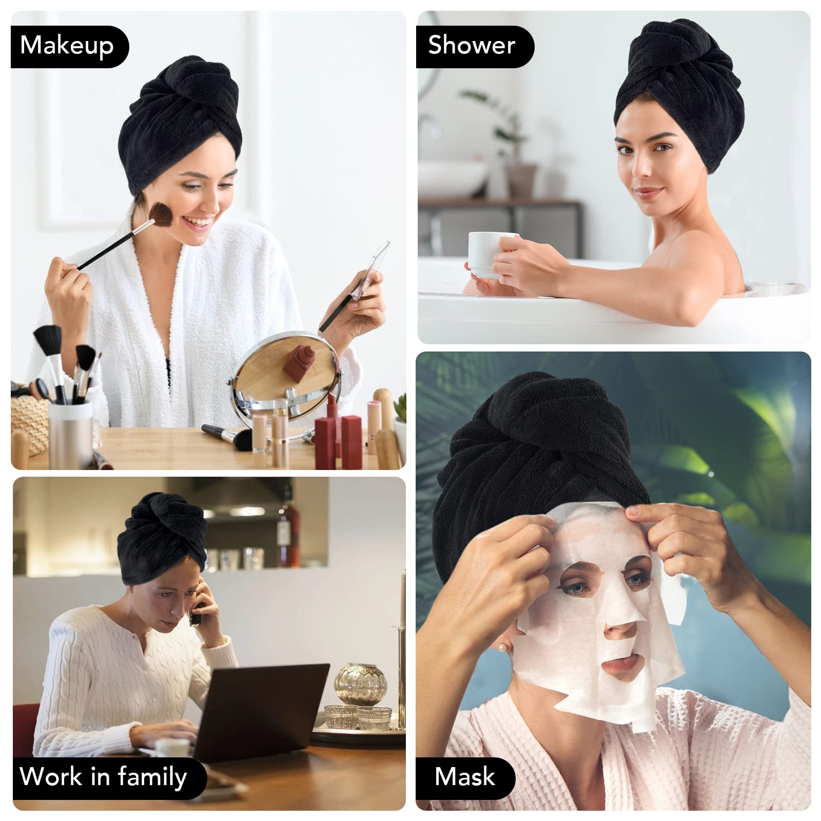 **SINLAND Microfiber Hair Drying Cap - Super Absorbent & Quick Dry Hair Towel Turban for Women (3 Pack, Black) - Perfect for Post-Shower, Salon, Travel & Home Use**