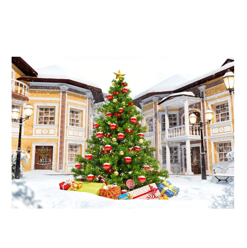 Baocicco 7x5ft Vinyl Christmas Photography Backdrop - Snowy Winter Scene with Festive Tree, European Architecture & Vintage Street Lamps | Perfect for Holiday Portraits, Studio Photography & Seasonal Decor