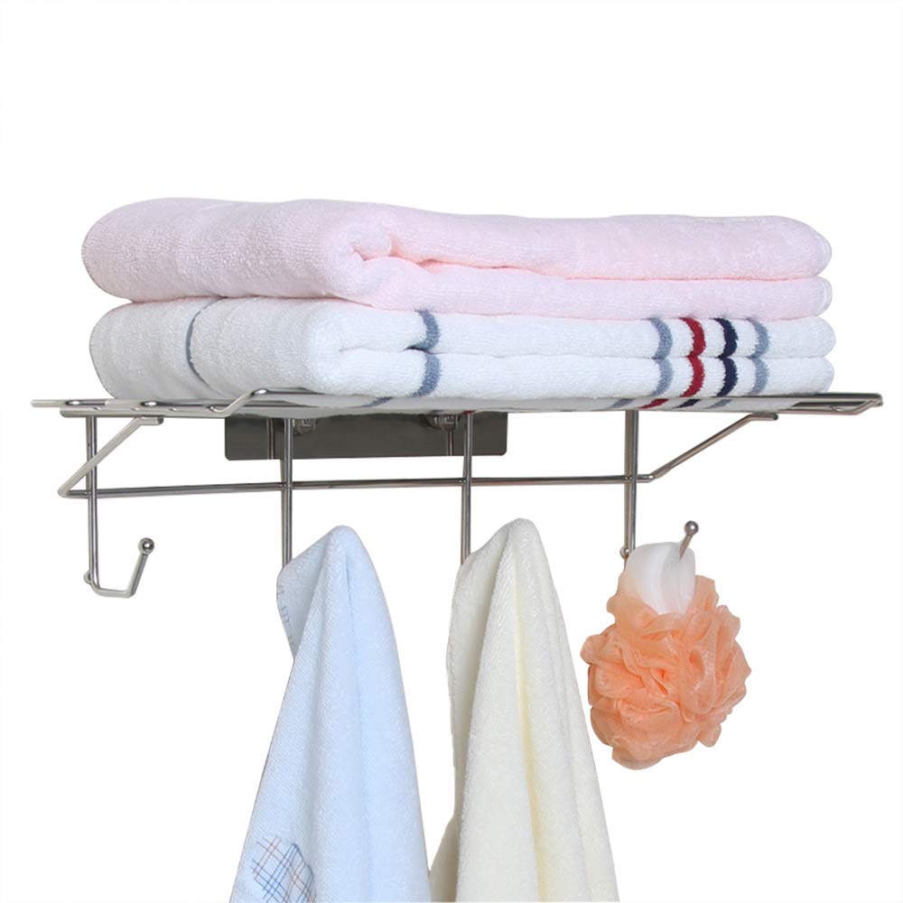 Stainless Steel Shower Shelf & Bath Towel Holder - No Drill Adhesive Wall Mounted Towel Rack with Hooks & Storage Shelf (19.88 Inch) - Perfect for Bathroom, Hotel & Spa Organization - LT-82010