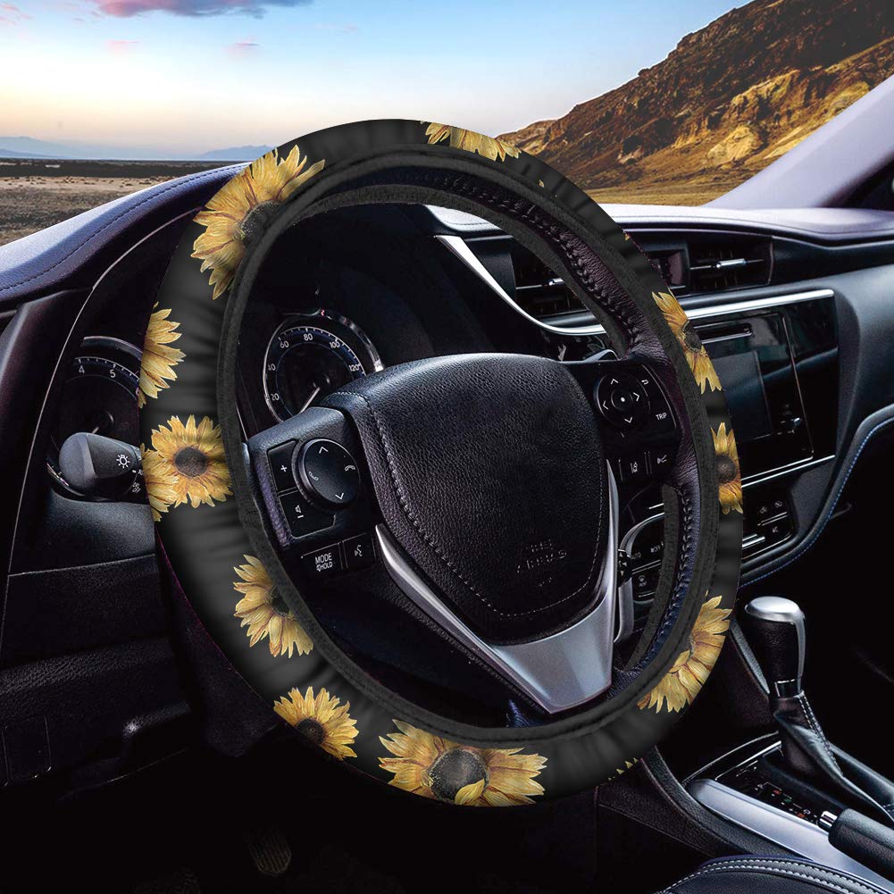 Trendy Sunflower Steering Wheel Cover for Women & Teens - Soft Stretchable Cloth Wheel Protector - All-Season Car Accessories (Black) - Perfect for Daily Commute & Road Trips