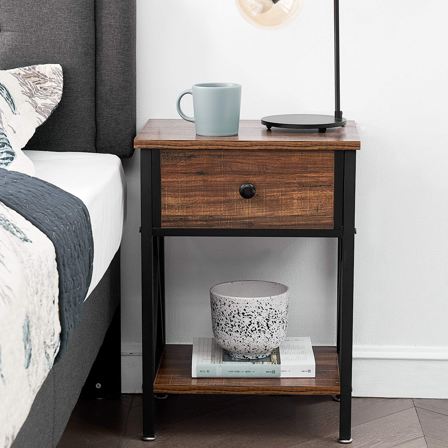 VECELO Modern Nightstand Set of 2 - X-Design End Table with Storage Shelf & Bin Drawer for Bedroom, Living Room - Versatile Side Table in Brown | Perfect for Small Spaces, Apartment Decor & Guest Rooms