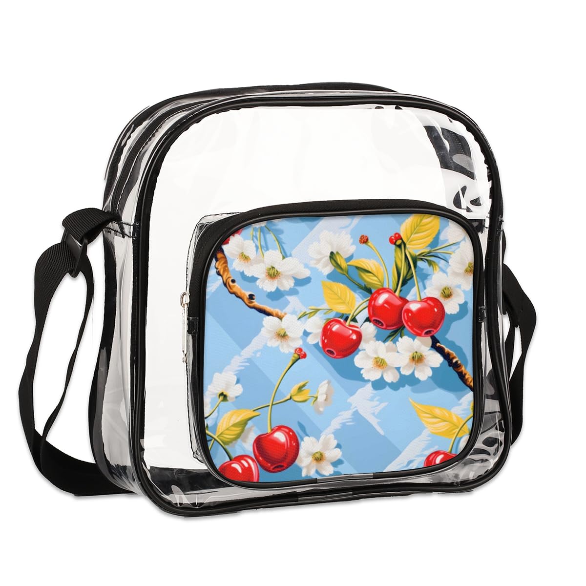 Mularoka Clear Crossbody Purse Bag for Women & Men - Cherry Bright Blue Red Stadium Approved Transparent Bag for Concerts, Festivals & Sports Events | Perfect for Music Festivals, NFL Games & Theme Parks