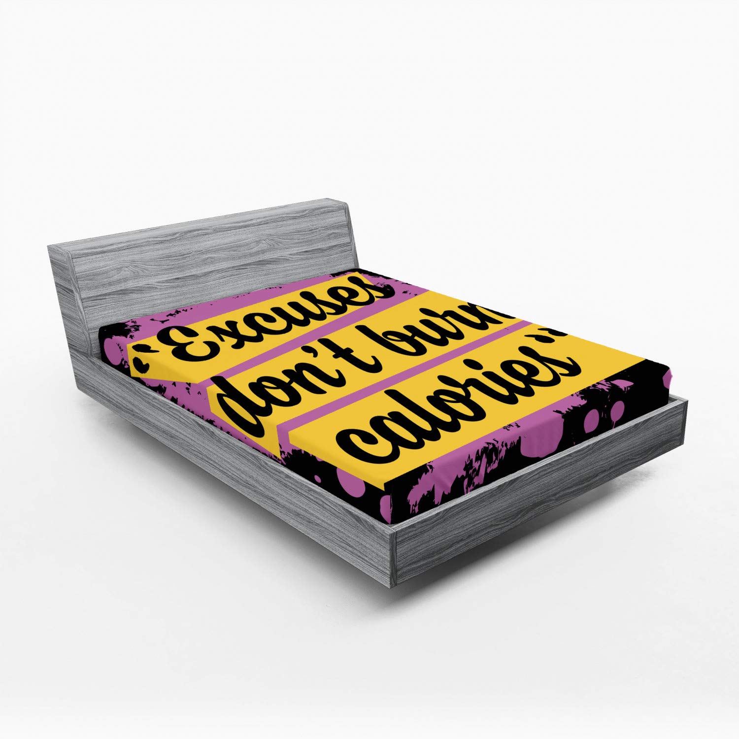 Ambesonne Fitness Fitted Sheet Queen Size - Motivational Workout Quote 'Excuses Don't Burn Calories' with Modern Design, Deep Pocket All-Around Elastic for Secure Fit, Lilac Yellow Black - Perfect for Home Gym, Yoga Studio & Fitness Enthusiast Bedrooms