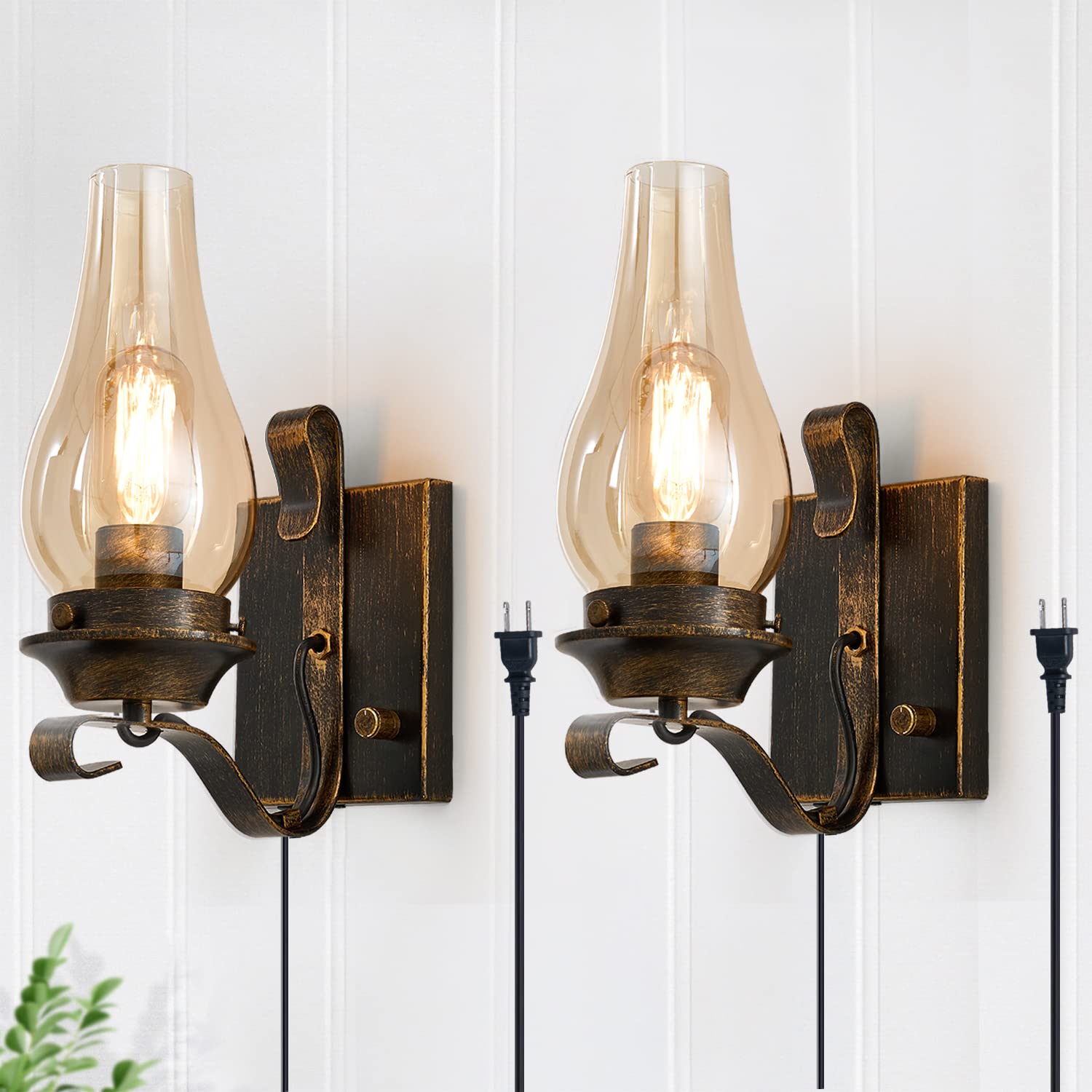 Yisuro Set of 2 Oil Rubbed Bronze Plug-in Wall Sconces - Vintage Rustic Wall Lamps with Amber Glass Shade - Indoor Bedside Lighting for Living Room, Bedroom, Bathroom & Hallway - Perfect for Ambient Lighting and Home Decor