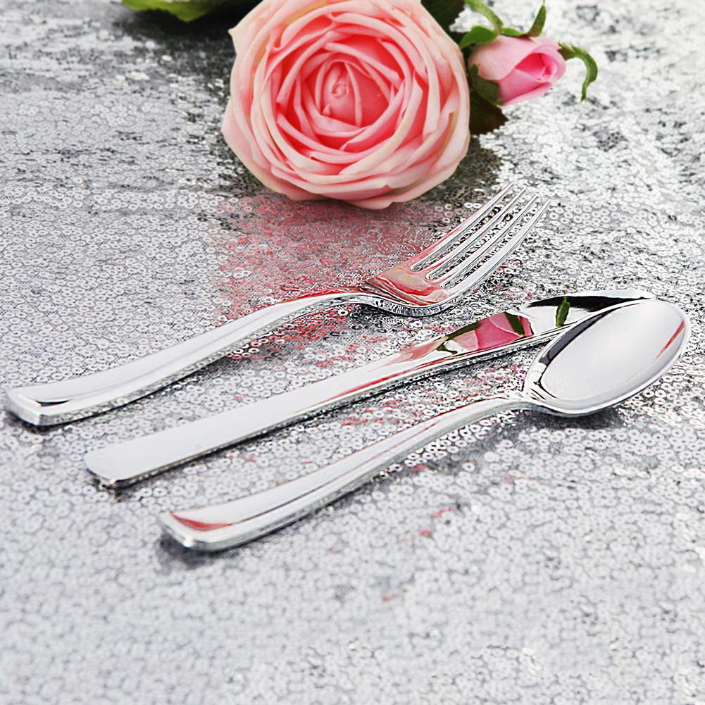 Nervure 300-Piece Silver Plastic Cutlery Set - Heavy Duty Disposable Flatware Includes 100 Forks, 100 Knives, 100 Spoons - Perfect for Parties, Weddings, Catering, Picnics & Outdoor Events