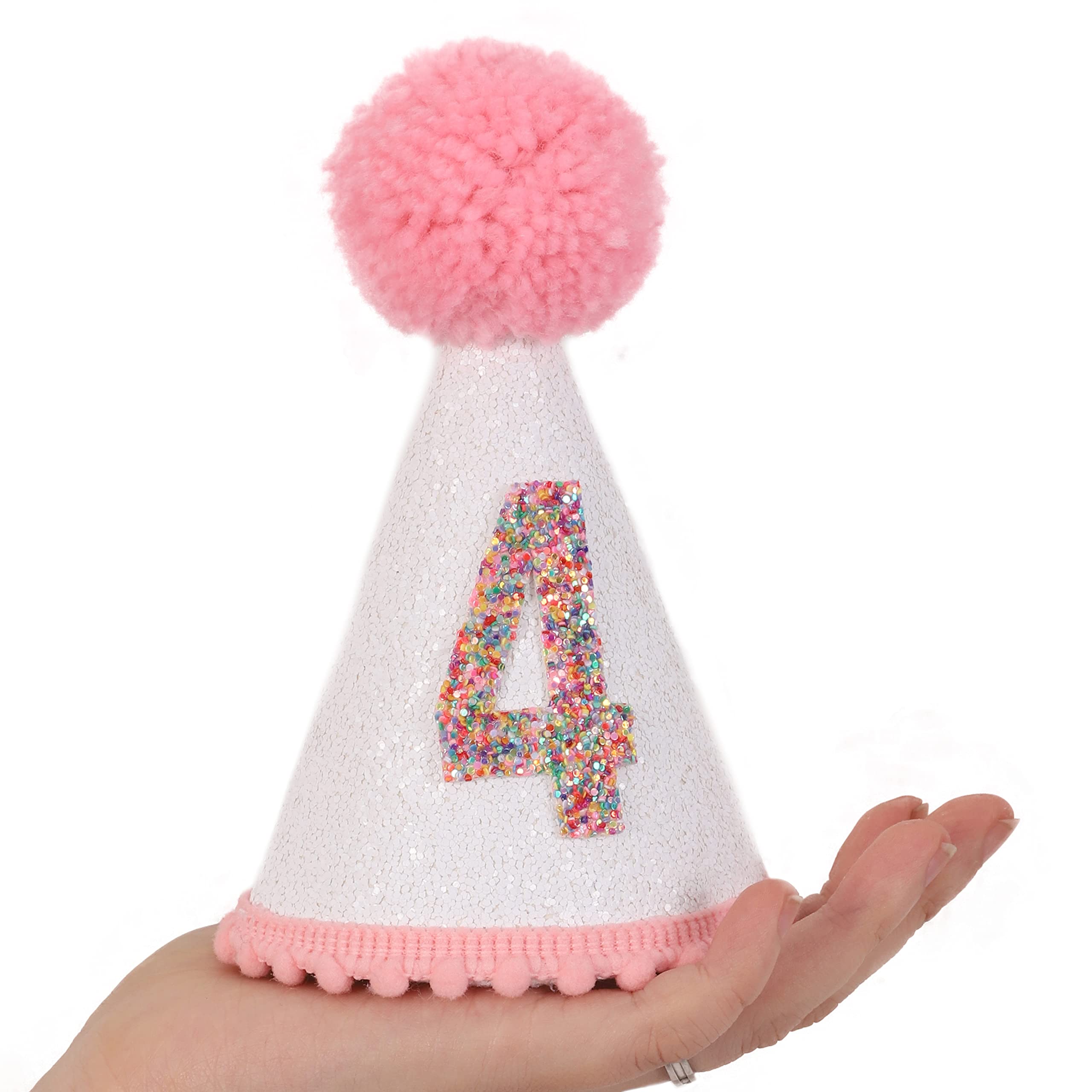 Sparkly Pink Glitter Birthday Hat for Girls with Pom Topper - Cute Party Hat for Birthday Celebrations, Princess Theme Parties & Special Occasions