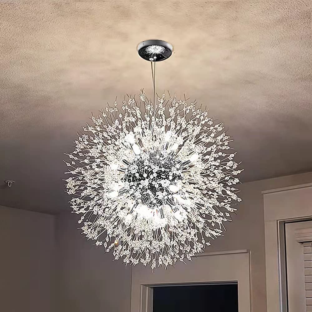 Modern Crystal Chandelier - Chrome Firework Dandelion Sputnik Pendant Light Fixture, 16-Light Dining Room Chandelier for Bedroom, Kitchen & Living Room Lighting | Elegant Home Decor for Parties & Romantic Dinners
