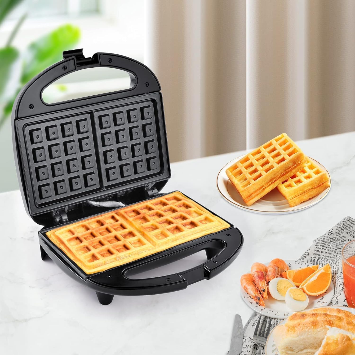 Non-Stick Electric Waffle Maker 750W - Automatic Temperature Control, LED Indicators, BPA-Free (Black) - Perfect for Breakfast, Brunch & Family Gatherings