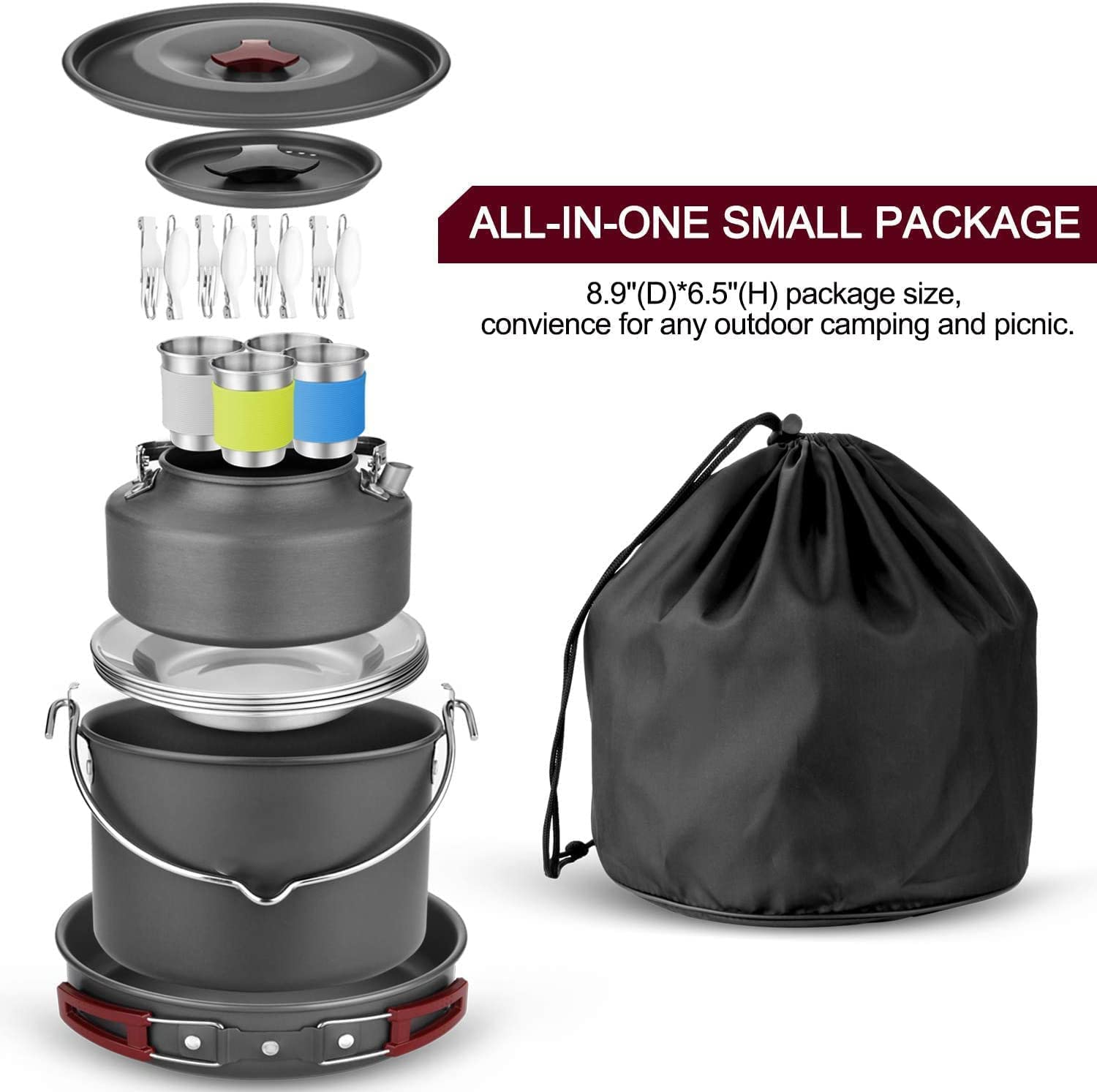 **Portable Camping Cookware Set for 3-4 People - Lightweight Pot, Pan, Mini Cups, Dishes, Forks & Spoons - Perfect for Outdoor Adventures, Hiking & Backpacking**