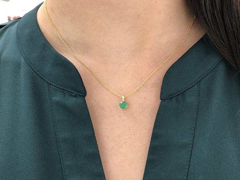 0.80 Carat Dainty Petite 14K Gold Round Emerald Pendant Necklace - Three Prong Setting, Elegant Jewelry Gift for Women, Perfect for Weddings, Anniversaries & Special Occasions