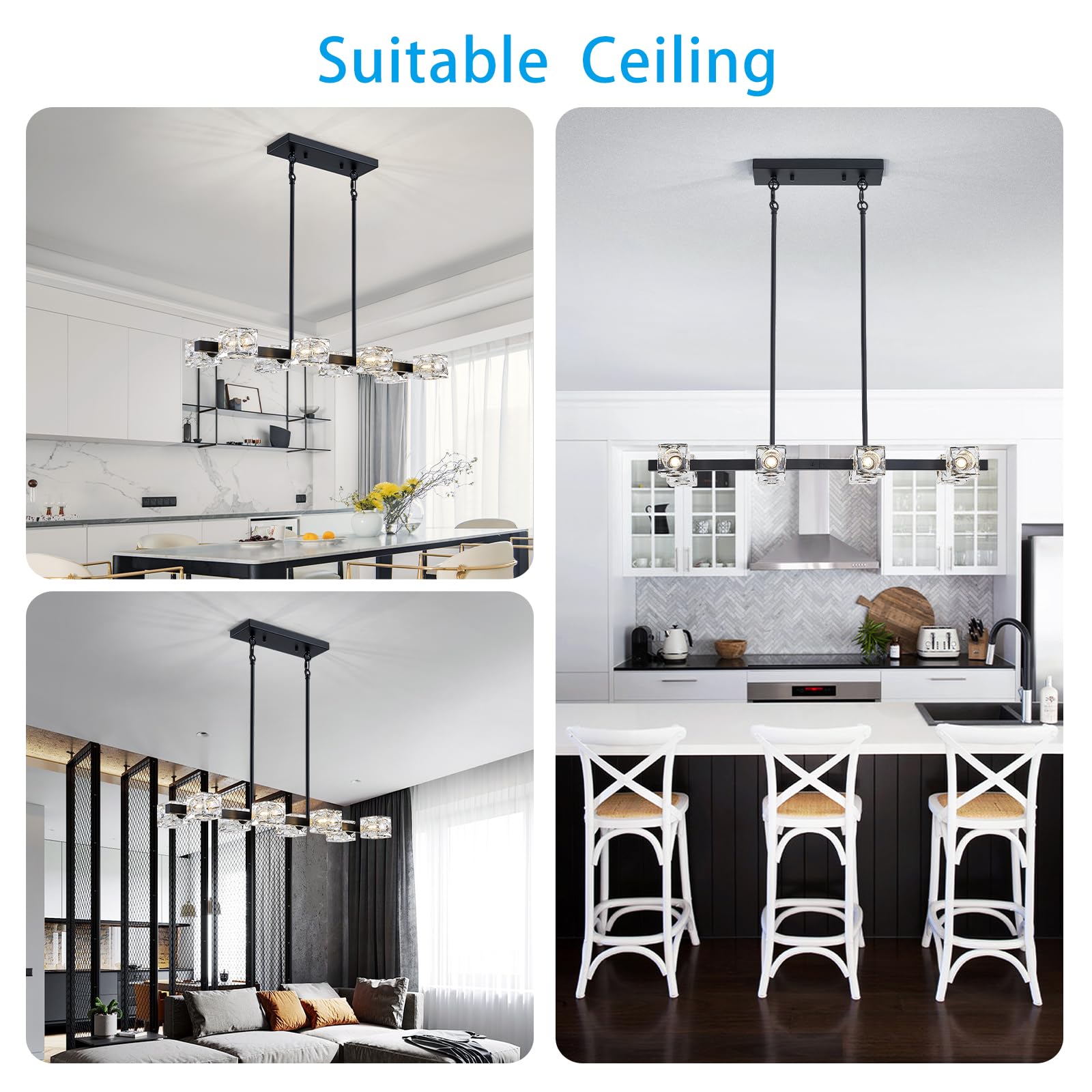 Modern Black Rectangular Linear 8-Light Chandelier - Metal & Glass Farmhouse Lighting Fixture for Dining Room, Kitchen Island, Office & Living Room | Elegant Ceiling Light for Home Decor & Interior Design