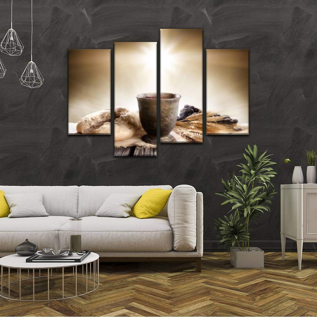 4 Panels Canvas Wall Art - Communion Unleavened Bread & Wine Chalice Religious Paintings - Modern Framed Posters Ready to Hang for Home, Church & Office Decor - Perfect for Christian Gift, Easter Celebration & Spiritual Spaces