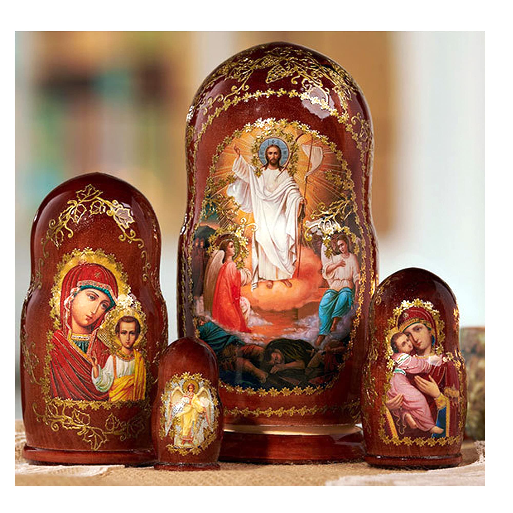 Russian Nesting Dolls Set - Resurrection of Christ, Virgin of Kazan & Vladimir Icons - 7 Inch Hand-Painted Religious Collectible Gift for Easter, Christmas & Home Decor