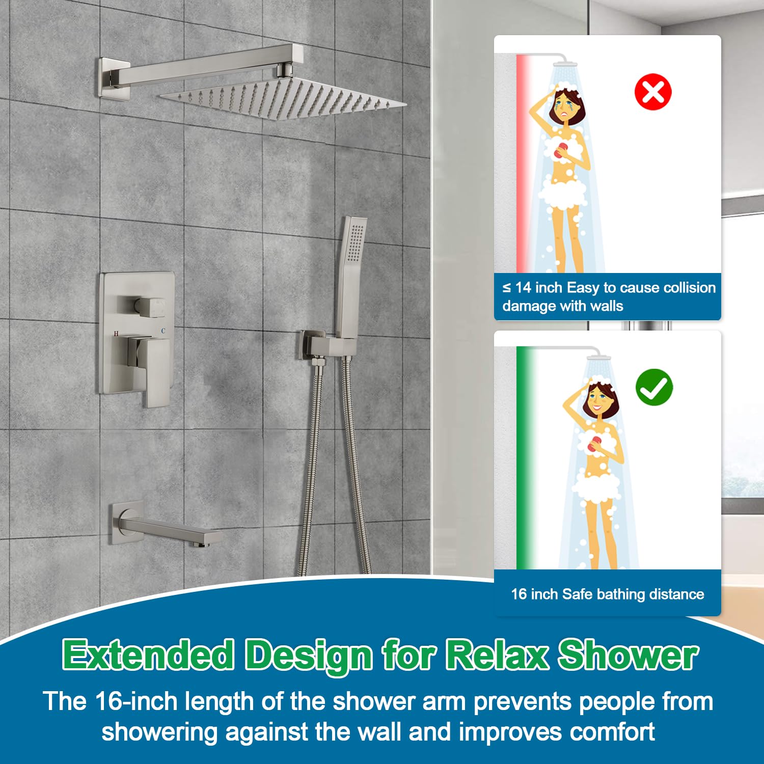 OUGOO 10 Inch Rainfall Shower System with Handheld Sprayer & Tub Spout - Complete Shower Faucet Set with Rough-in Valve & Brushed Nickel Trim Kit - Perfect for Modern Bathroom Renovations & Spa-Like Shower Experience