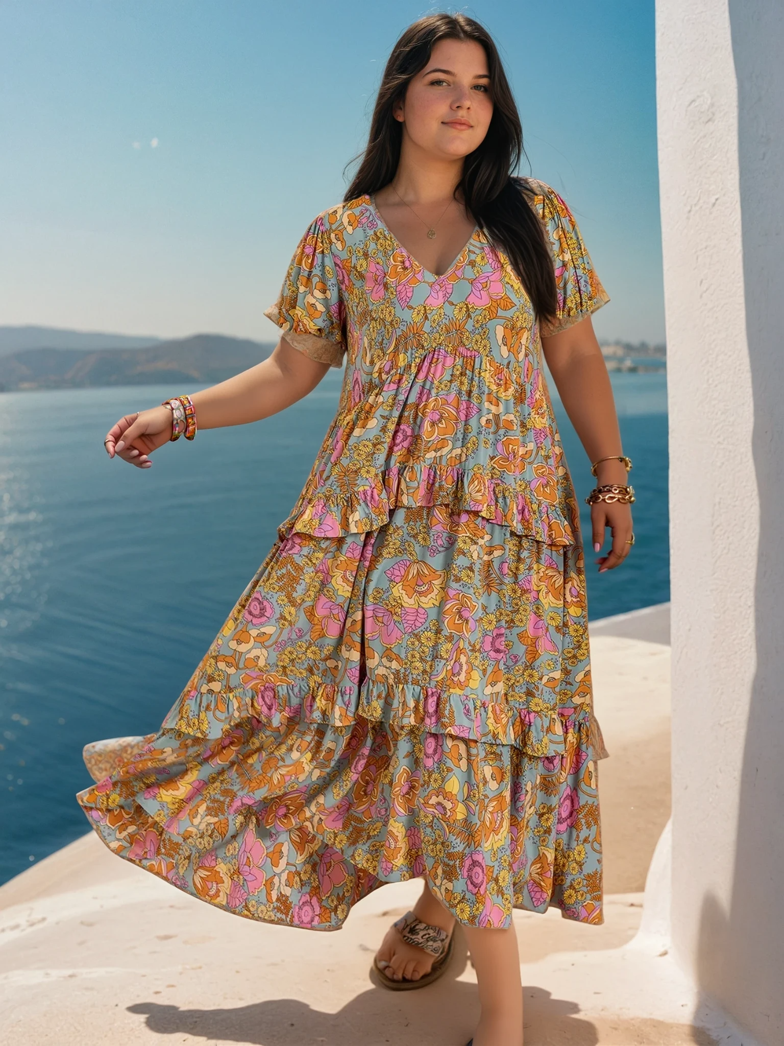 Plus Size Tiered Ruffled Resort Maxi Dress for Women - Flowy Beach Cover Up & Summer Vacation Outfit - Perfect for Tropical Getaways, Pool Parties, and Evening Dinners