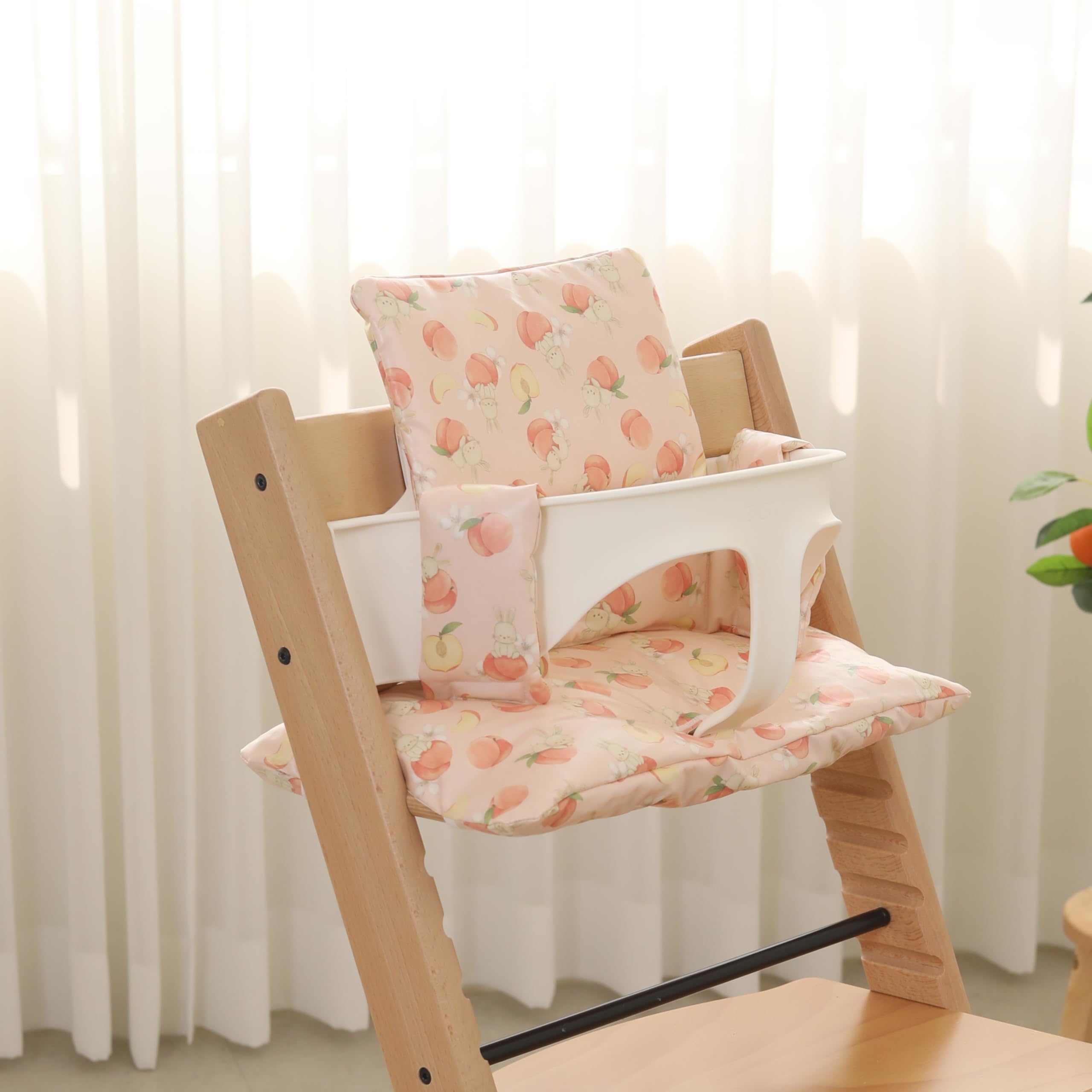 Waterproof Stokke Tripp Trapp High Chair Cushion Set - 100% Cotton, Easy to Clean, Made in Korea - Peach Bunny Design - Perfect for Baby Feeding & Nursery Comfort