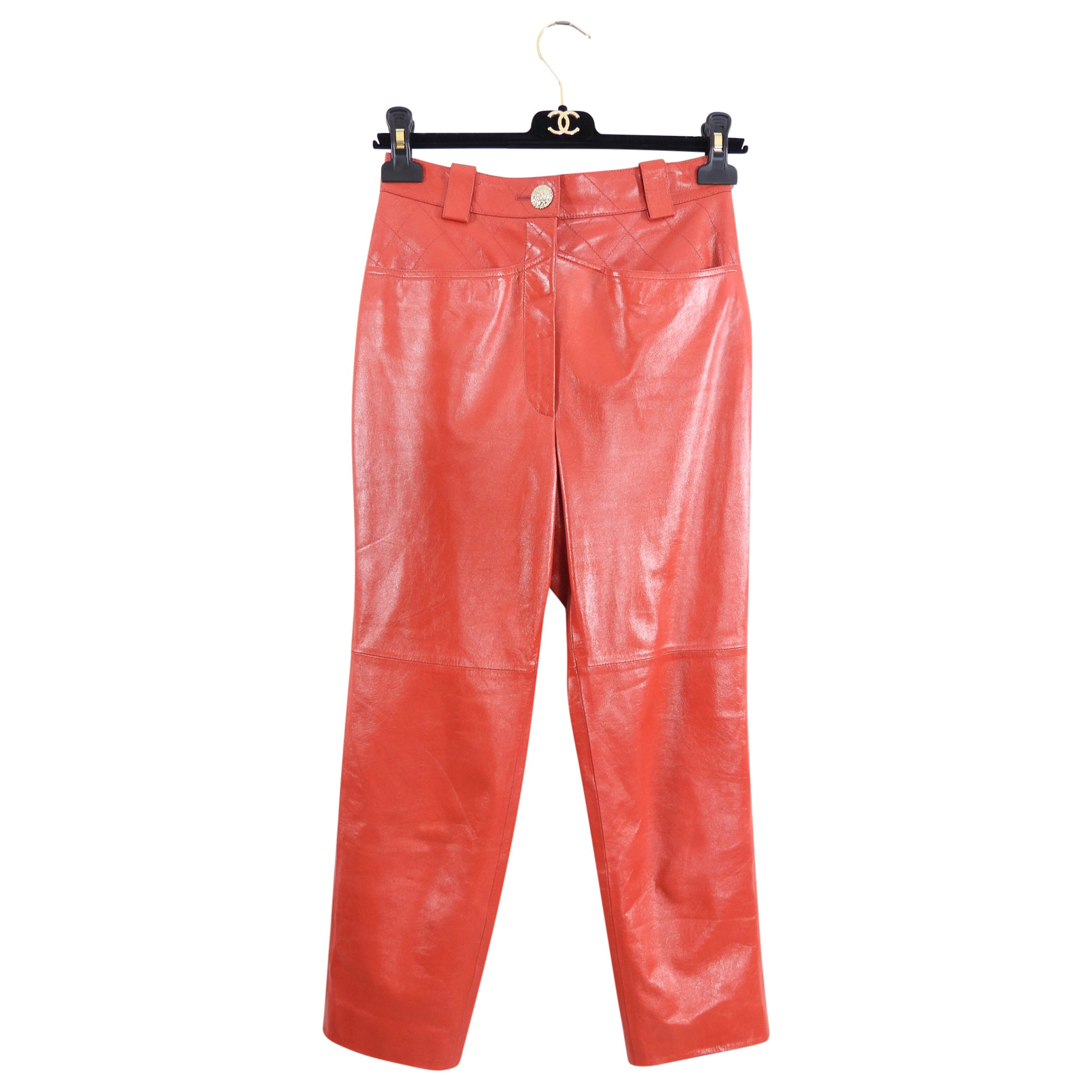 Chanel Red Lambskin Leather High Waist Slim Jeans for Women - FR36 (XS) Size, Luxury Designer Pants for Casual Wear & Night Out