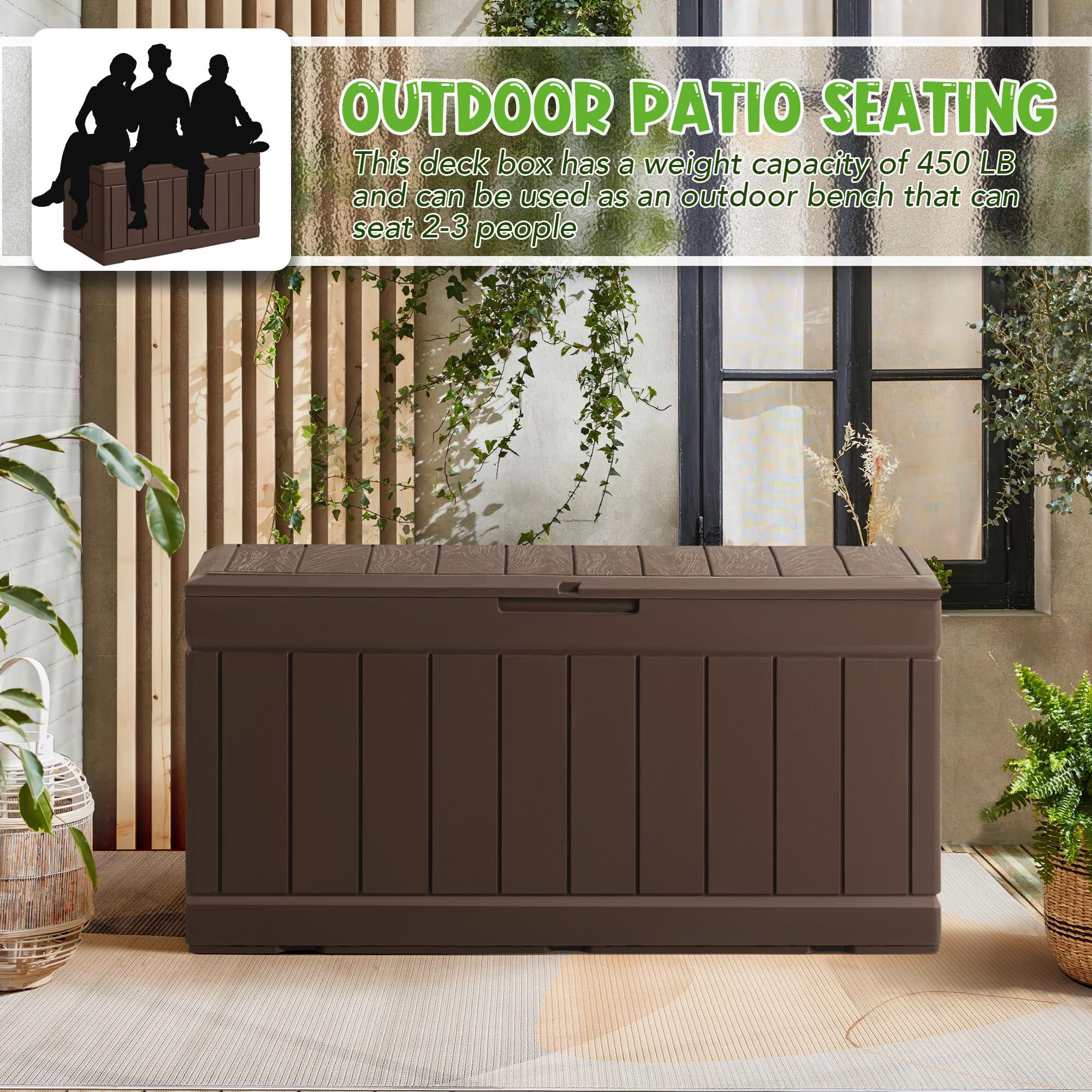 **GUNJI 85 Gallon Outdoor Deck Box – Waterproof Large Resin Storage Container with Lockable Lid – Patio, Porch, Garden Storage Bench (Brown) – Perfect for Cushions, Pool Toys & Outdoor Gear**